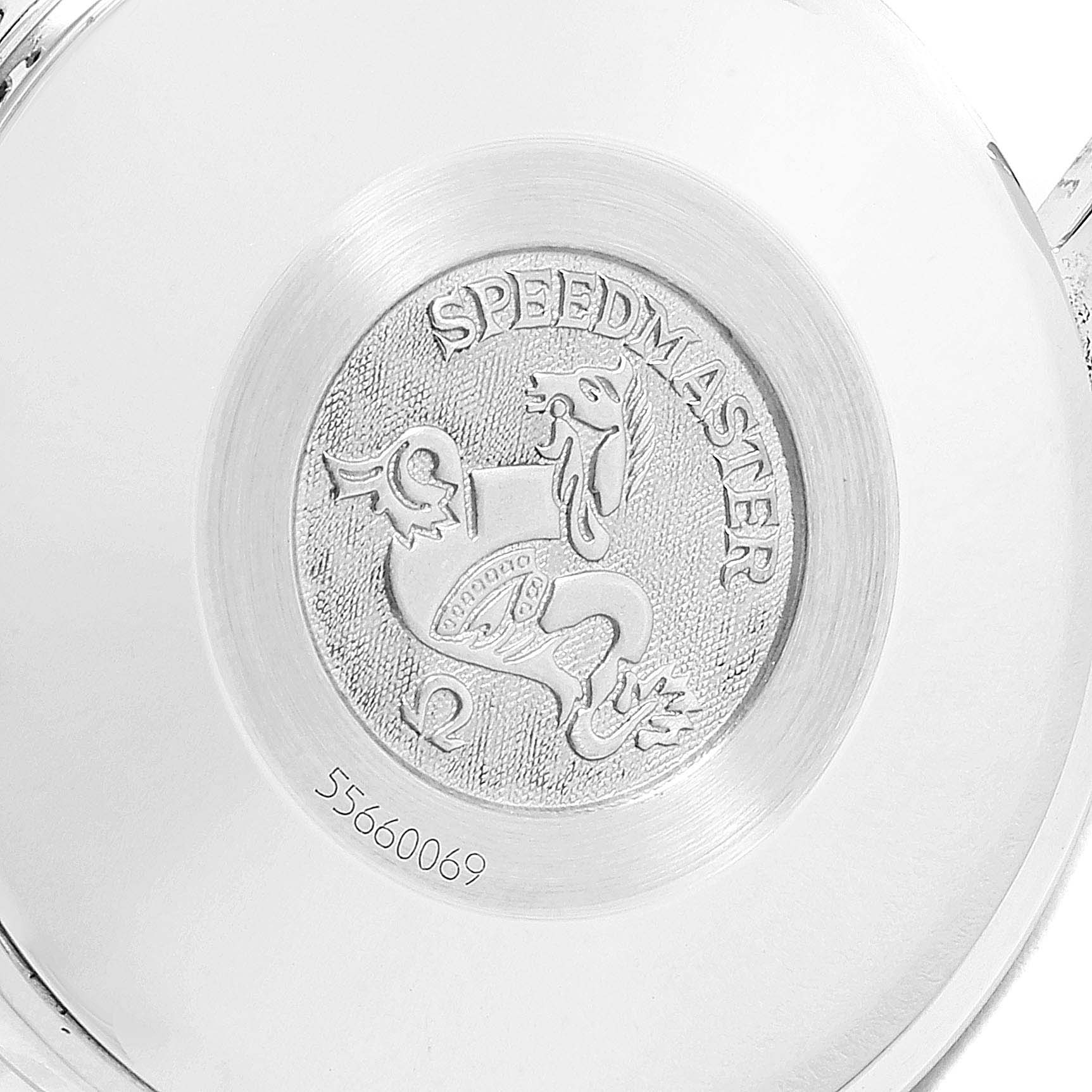 The image shows the case back of an Omega Speedmaster 3521.80.00 Men
s Stainless Steel Blue Dial 3521.80.00 Men
s Stainless Steel Blue Dial watch, featuring the engraved logo and model name.