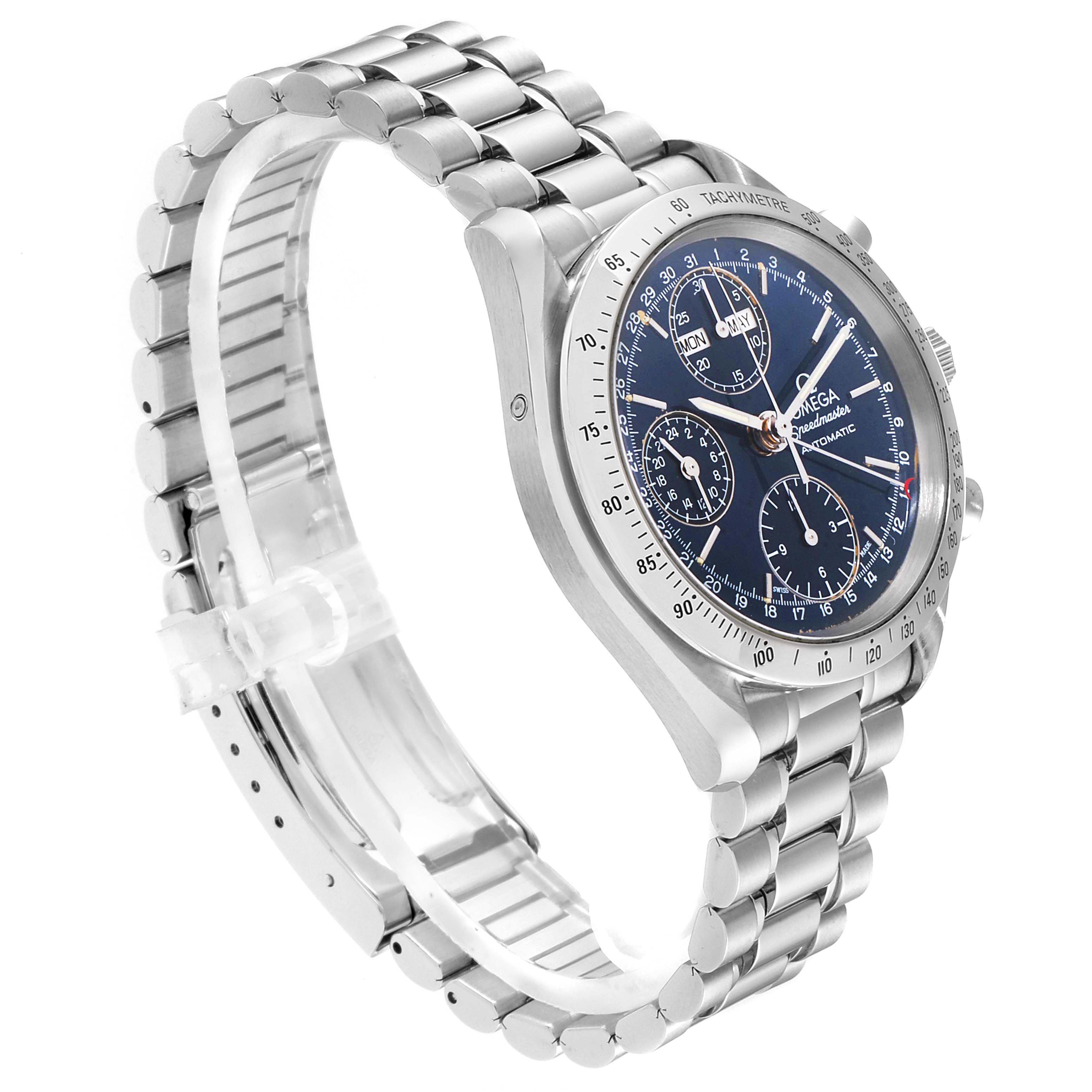 The Omega Speedmaster 3521.80.00 Men
s Stainless Steel Blue Dial 3521.80.00 Men
s Stainless Steel Blue Dial watch is shown at a three-quarter angle, displaying its metallic bracelet, bezel, and dial with multiple subdials.