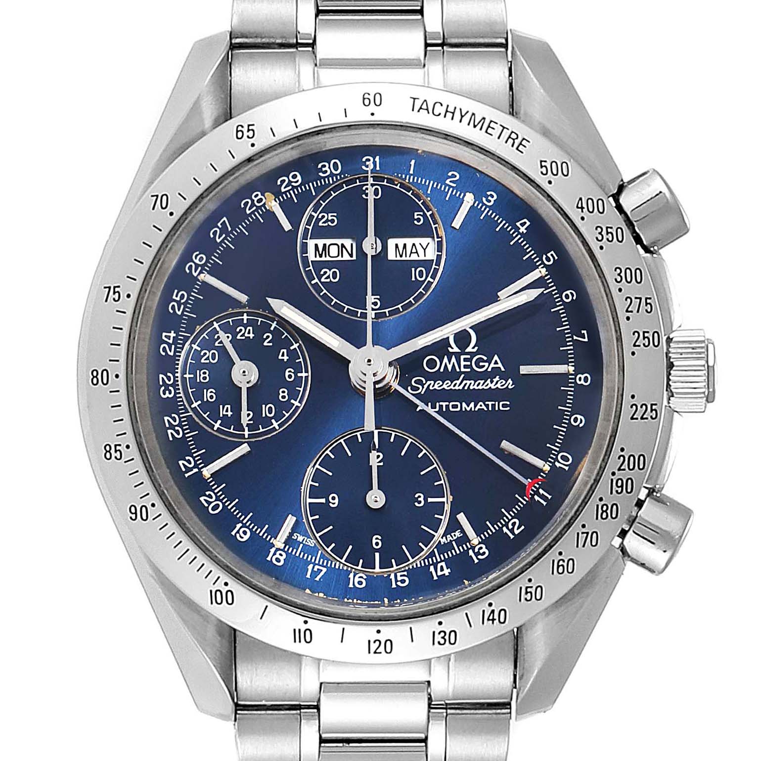 The image shows a front view of an Omega Speedmaster 3521.80.00 Men
s Stainless Steel Blue Dial 3521.80.00 Men
s Stainless Steel Blue Dial watch, including the dial, sub-dials, tachymeter bezel, and stainless steel bracelet.