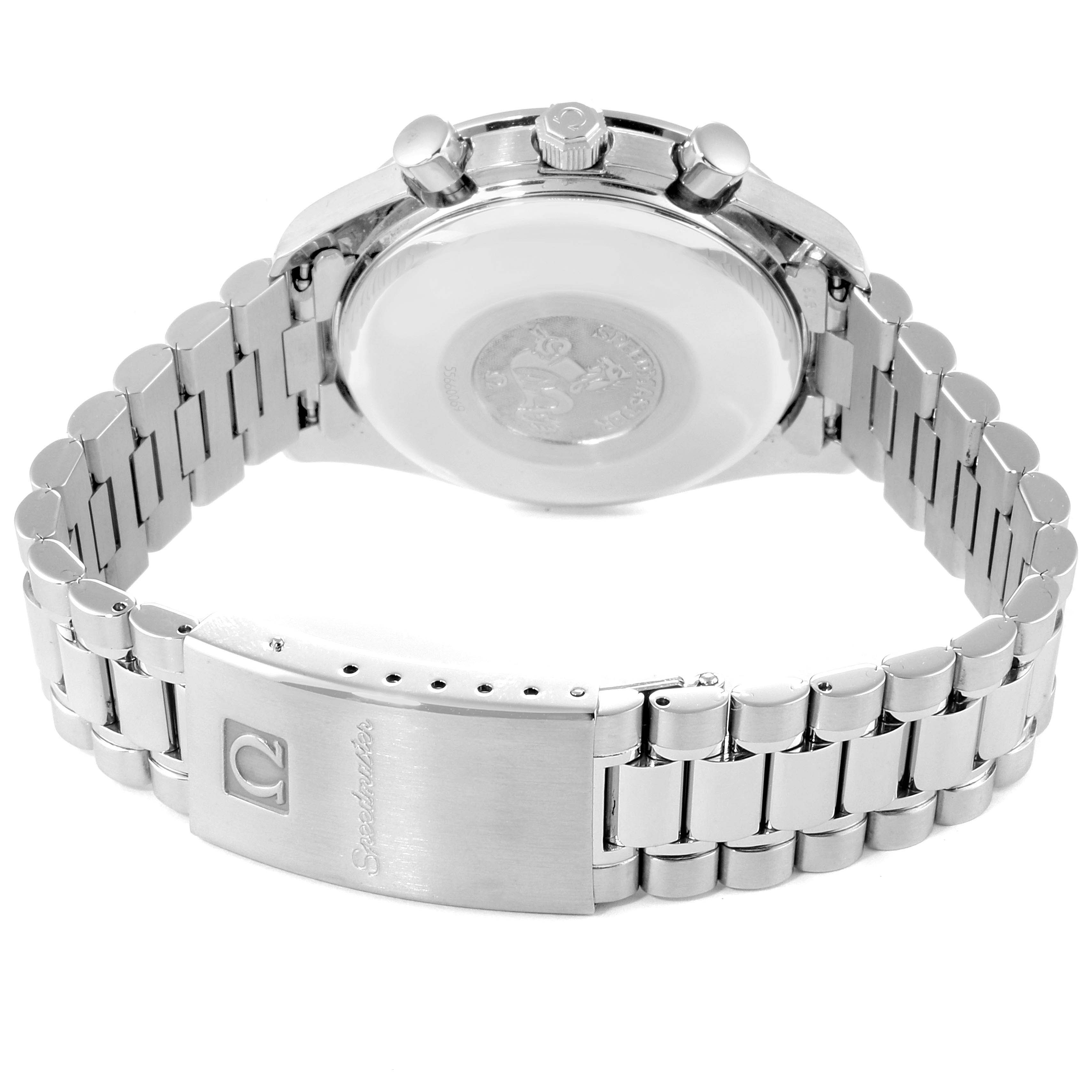 The image shows the back case, crown, pushers, and bracelet with clasp of an Omega Speedmaster 3521.80.00 Men
s Stainless Steel Blue Dial 3521.80.00 Men
s Stainless Steel Blue Dial watch from a rear angle.