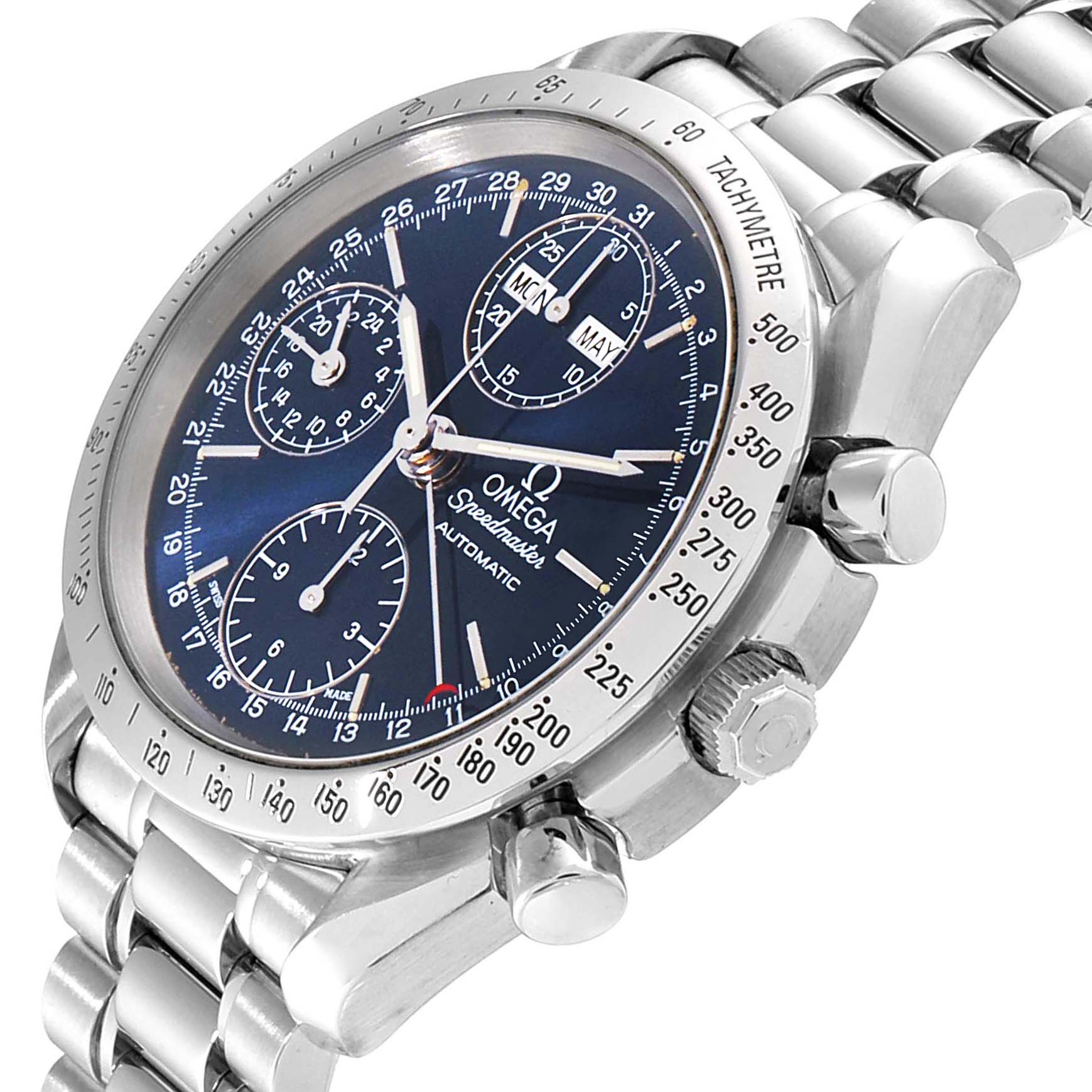 This image shows an angled view of the Omega Speedmaster 3521.80.00 Men
s Stainless Steel Blue Dial 3521.80.00 Men
s Stainless Steel Blue Dial watch, highlighting its face, bezel, subdials, and metal bracelet.
