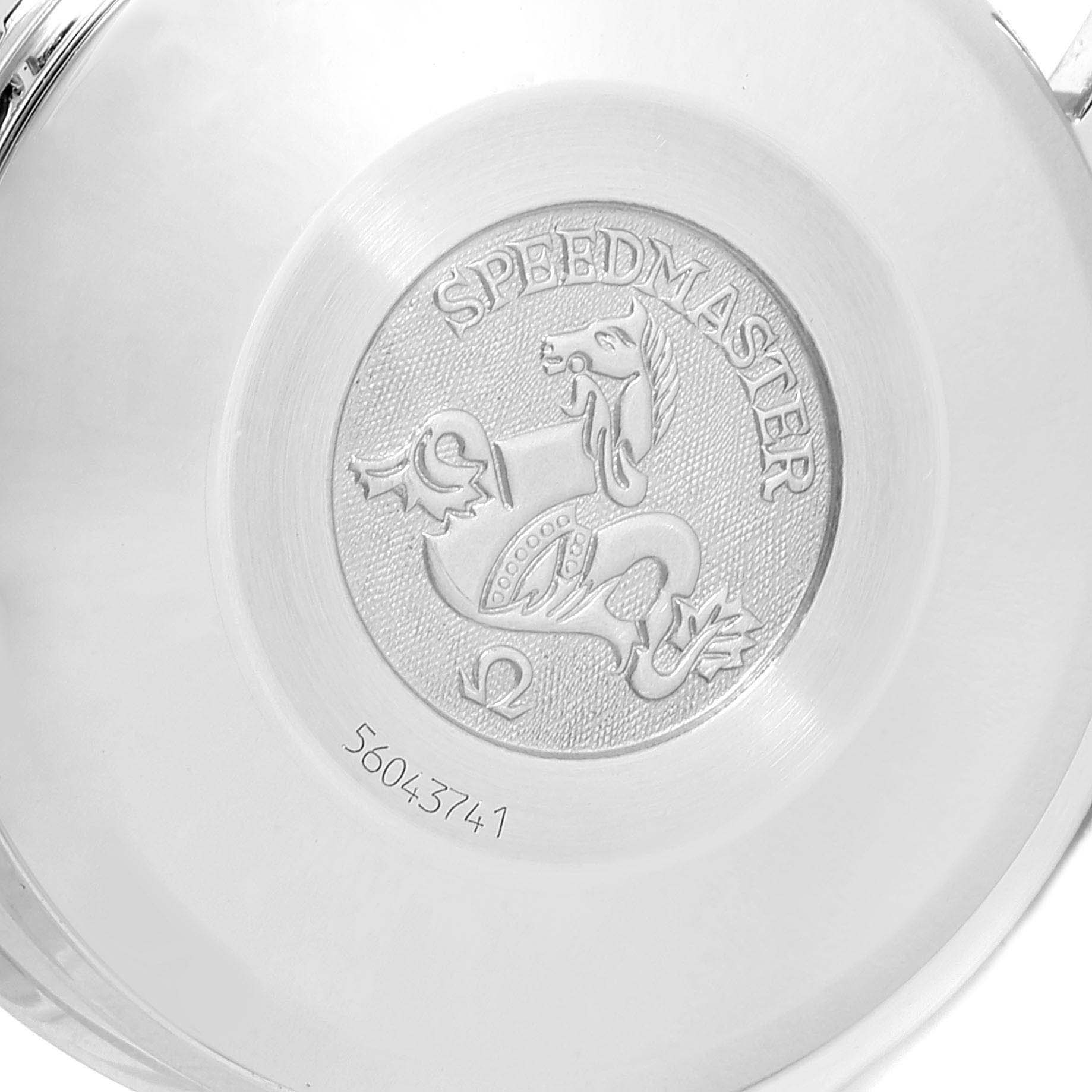 This image shows the engraved case back of an Omega Speedmaster 3521.30.00 Men
s Stainless Steel Silver Dial 3521.30.00 Men
s Stainless Steel Silver Dial watch, featuring the Speedmaster logo and a serial number.