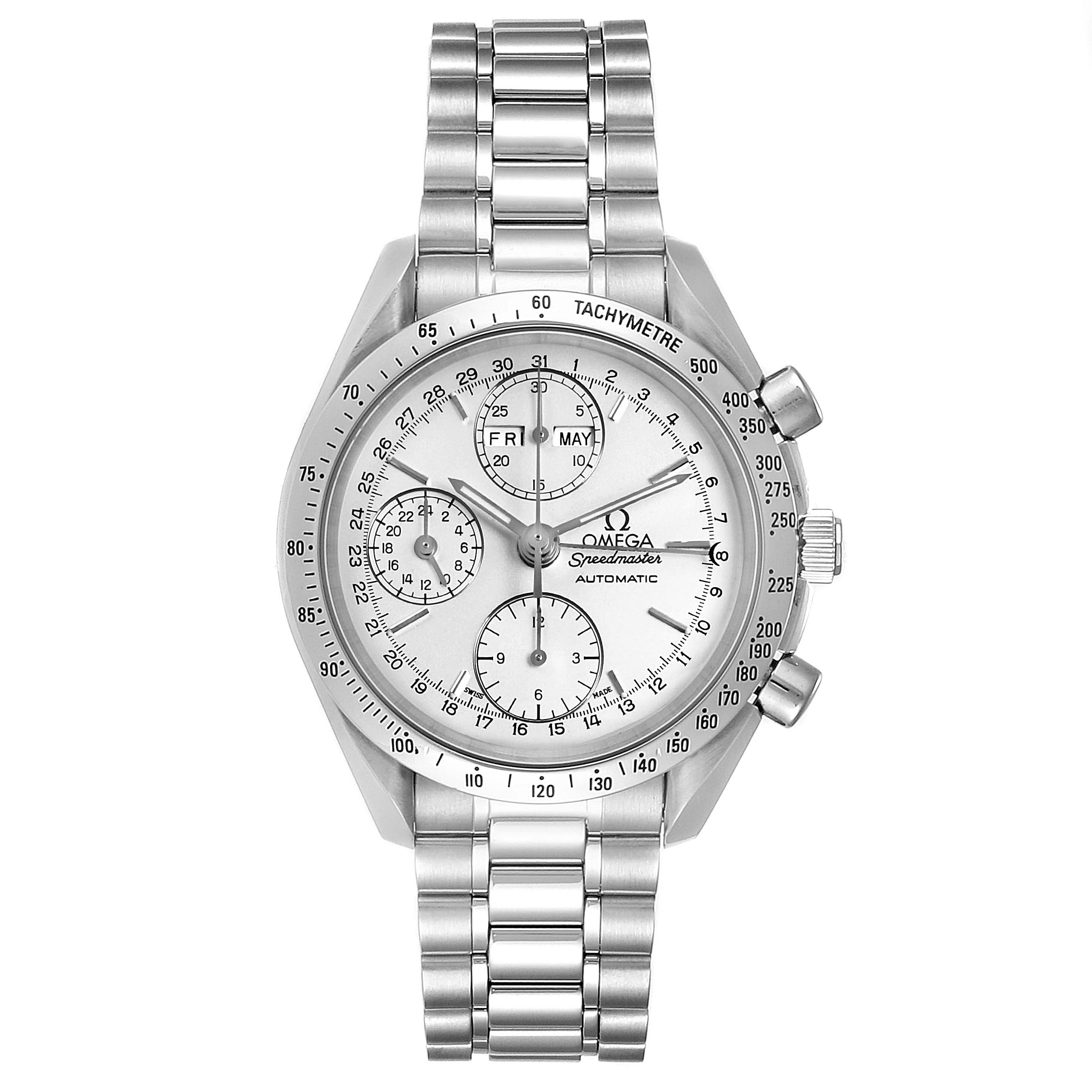 This image shows a front view of an Omega Speedmaster 3521.30.00 Men
s Stainless Steel Silver Dial 3521.30.00 Men
s Stainless Steel Silver Dial watch, displaying the dial, tachymeter bezel, subdials, and stainless steel bracelet.