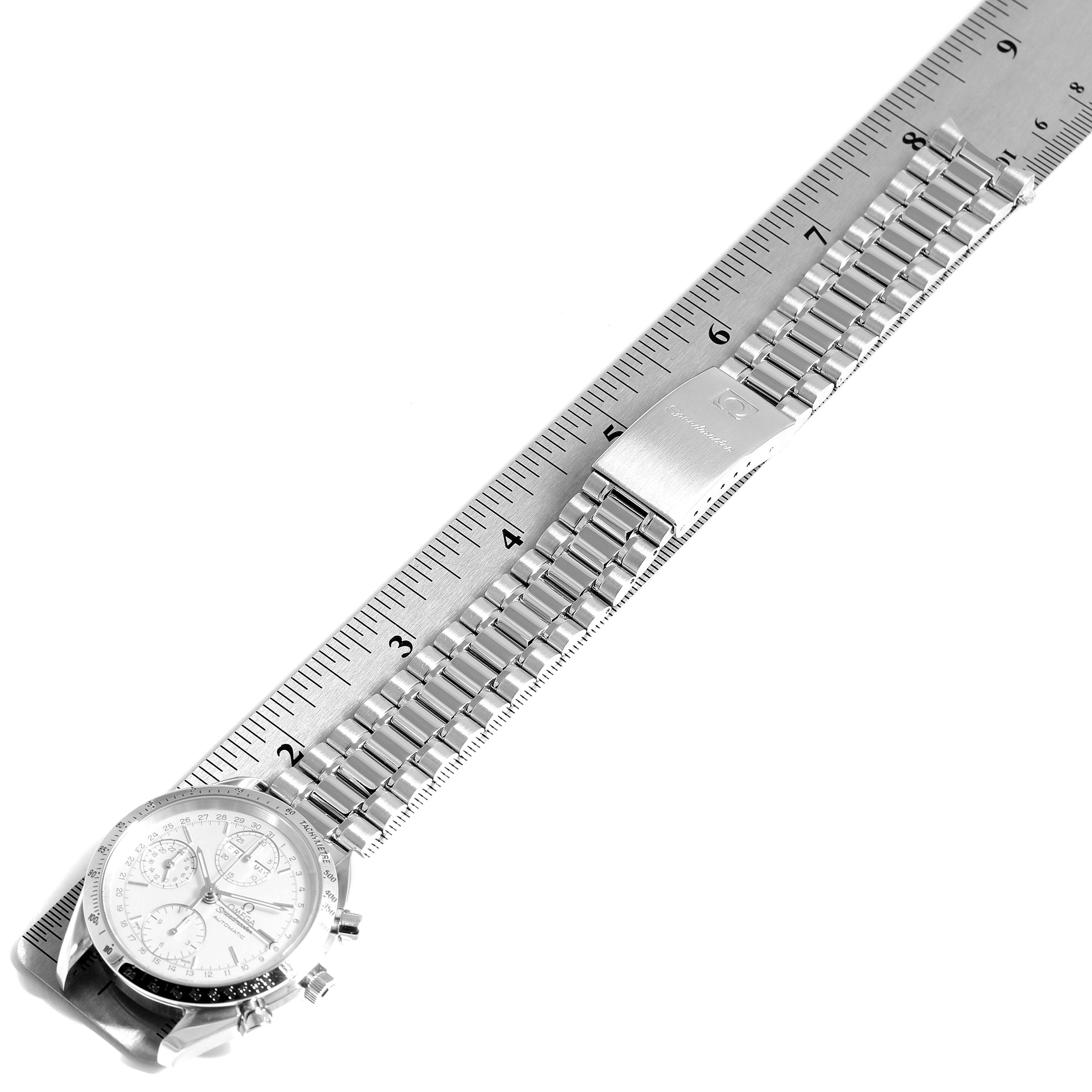 The Omega Speedmaster 3521.30.00 Men
s Stainless Steel Silver Dial 3521.30.00 Men
s Stainless Steel Silver Dial watch is shown at a slight angle with a focus on its stainless steel bracelet and clasp.