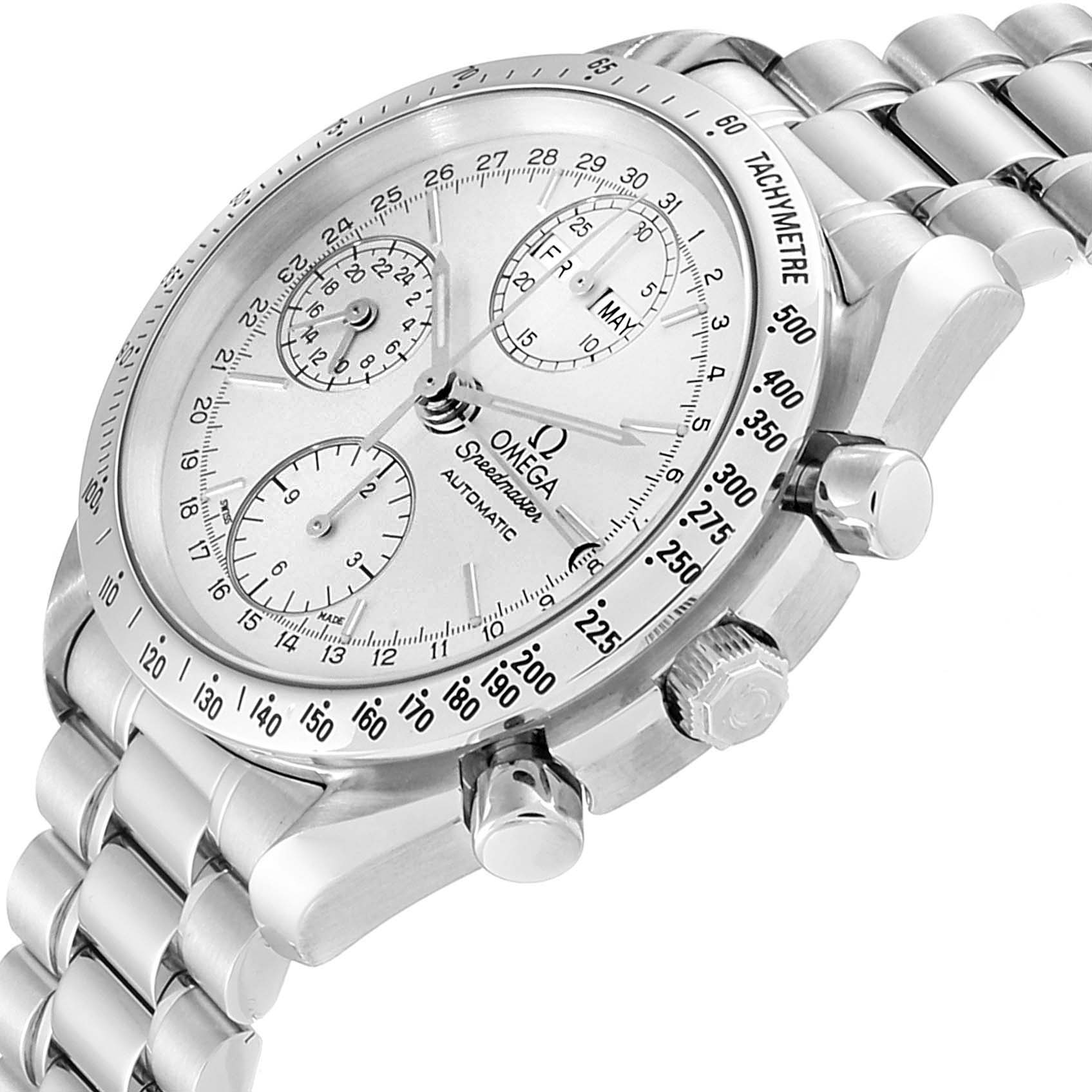 The Omega Speedmaster 3521.30.00 Men
s Stainless Steel Silver Dial 3521.30.00 Men
s Stainless Steel Silver Dial watch is shown at an angle displaying its face, bezel, crown, pushers, and bracelet.