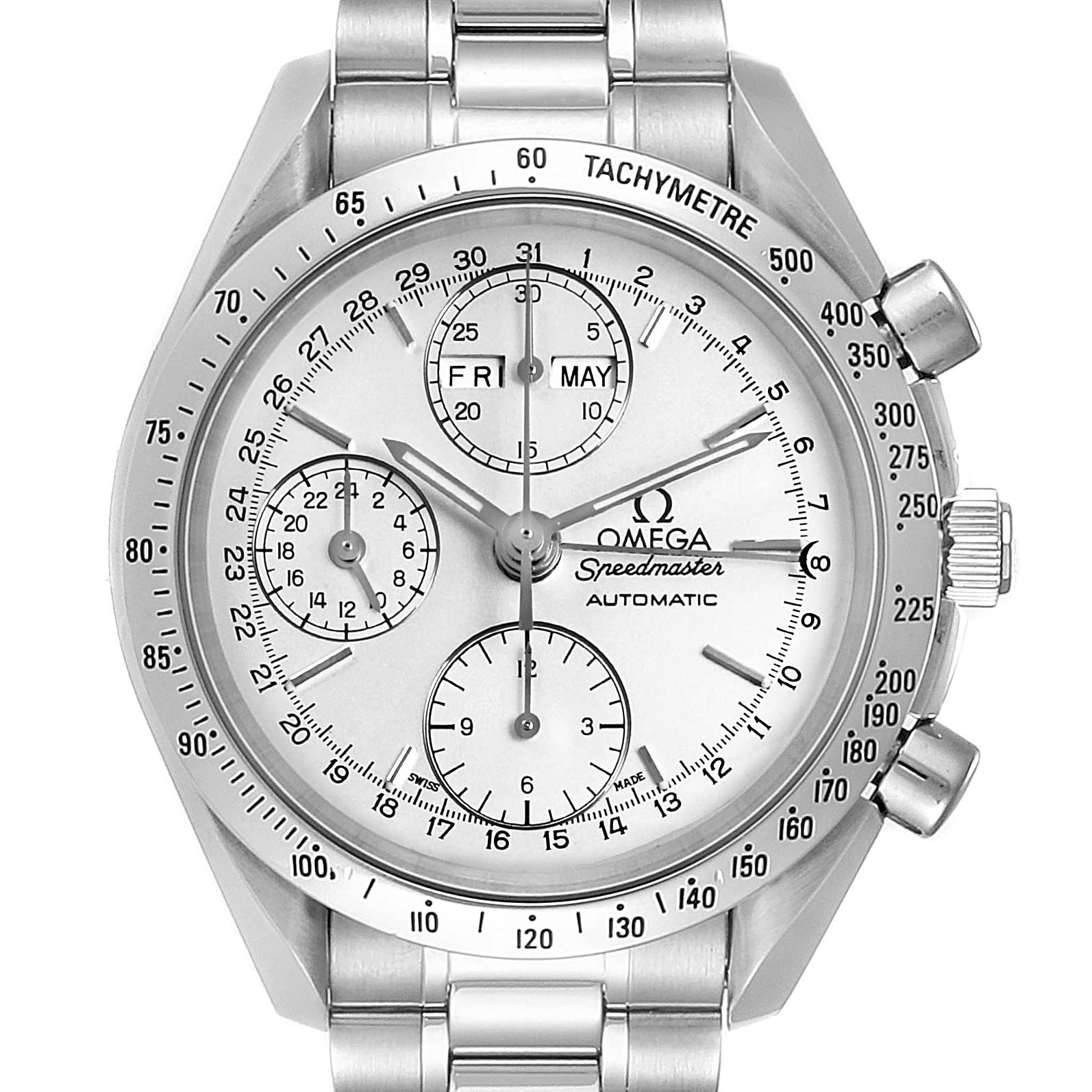 This is a front-facing view of an Omega Speedmaster 3521.30.00 Men
s Stainless Steel Silver Dial 3521.30.00 Men
s Stainless Steel Silver Dial, showing the dial, subdials, tachymeter bezel, and part of the bracelet.