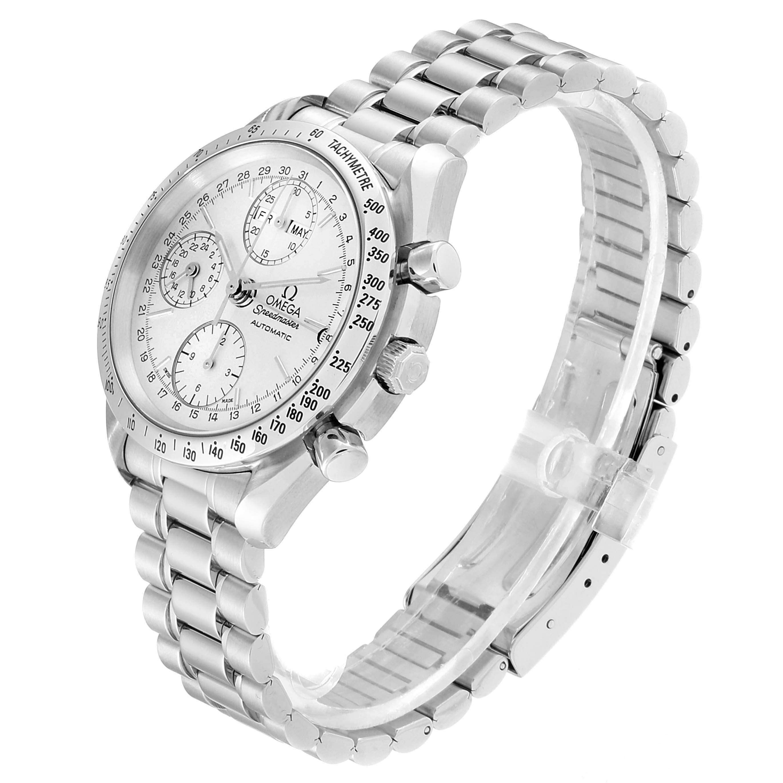 This image shows the Omega Speedmaster 3521.30.00 Men
s Stainless Steel Silver Dial 3521.30.00 Men
s Stainless Steel Silver Dial watch at a slight angle, displaying its face, bezel, chronograph pushers, and stainless steel bracelet.