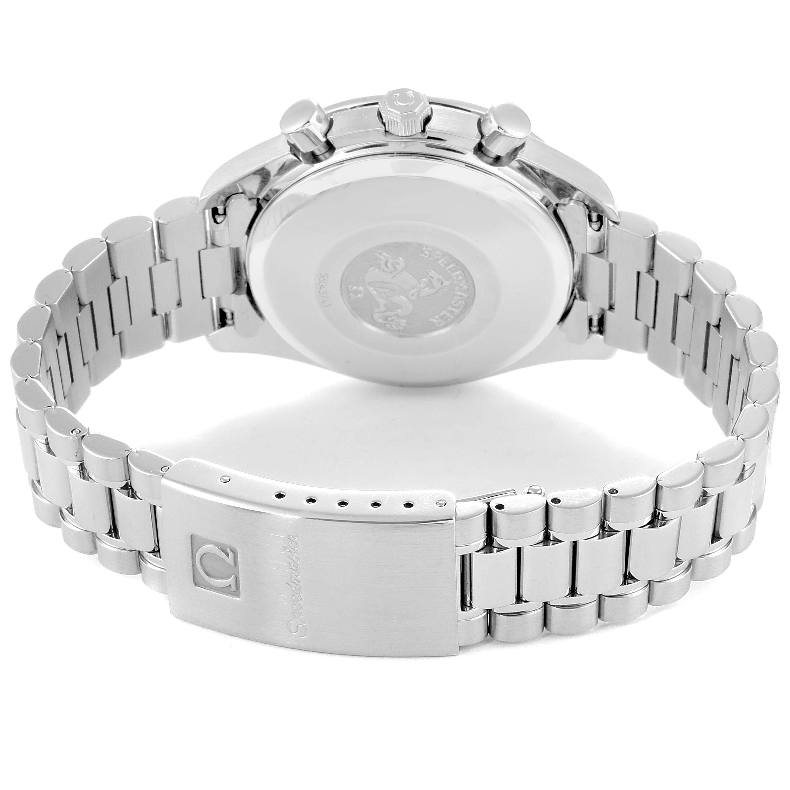 The image shows the back view of an Omega Speedmaster 3521.30.00 Men
s Stainless Steel Silver Dial 3521.30.00 Men
s Stainless Steel Silver Dial watch, highlighting its bracelet, clasp, and case back.