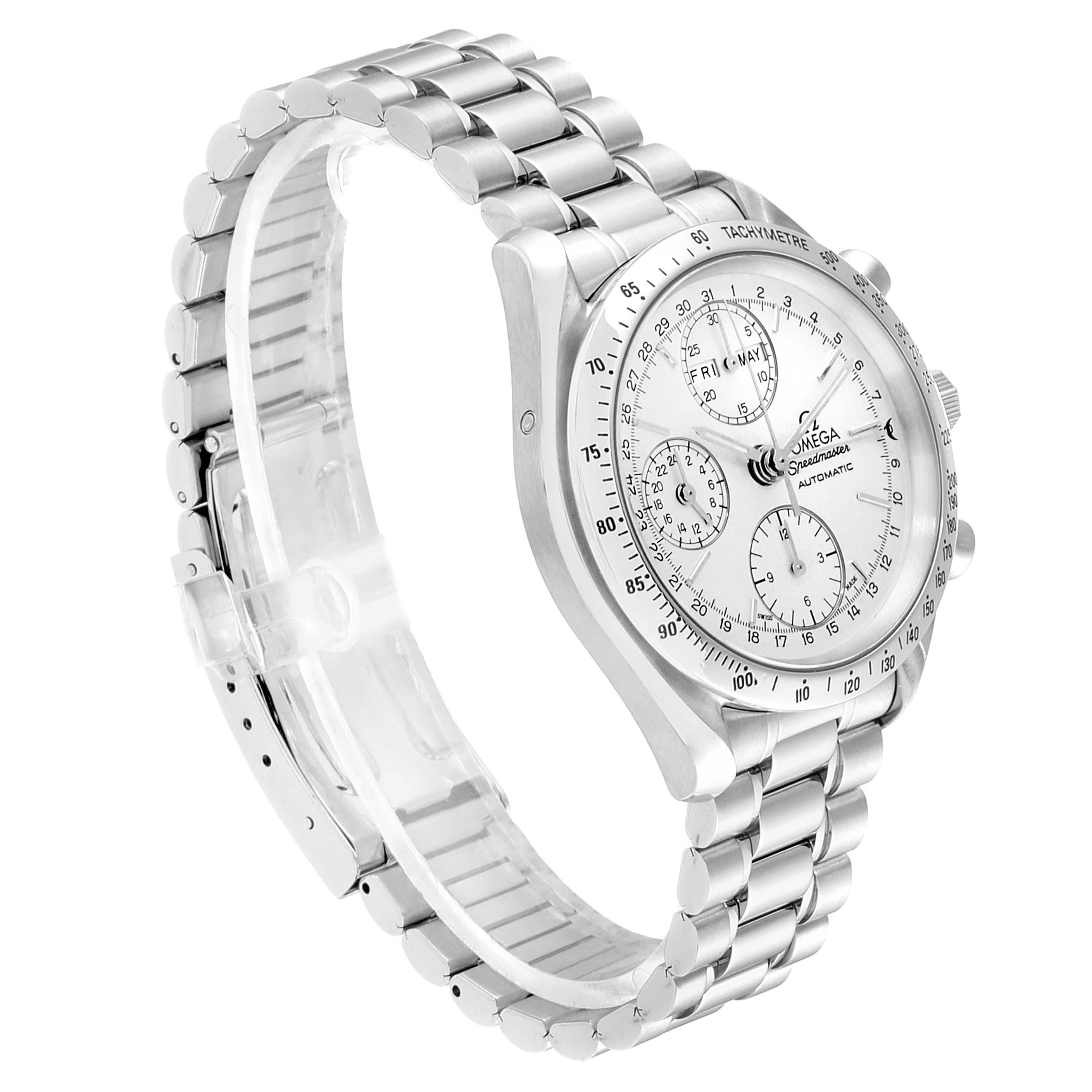 This image shows an Omega Speedmaster 3521.30.00 Men
s Stainless Steel Silver Dial 3521.30.00 Men
s Stainless Steel Silver Dial watch from a side angle, highlighting the metal strap and face with multiple subdials.