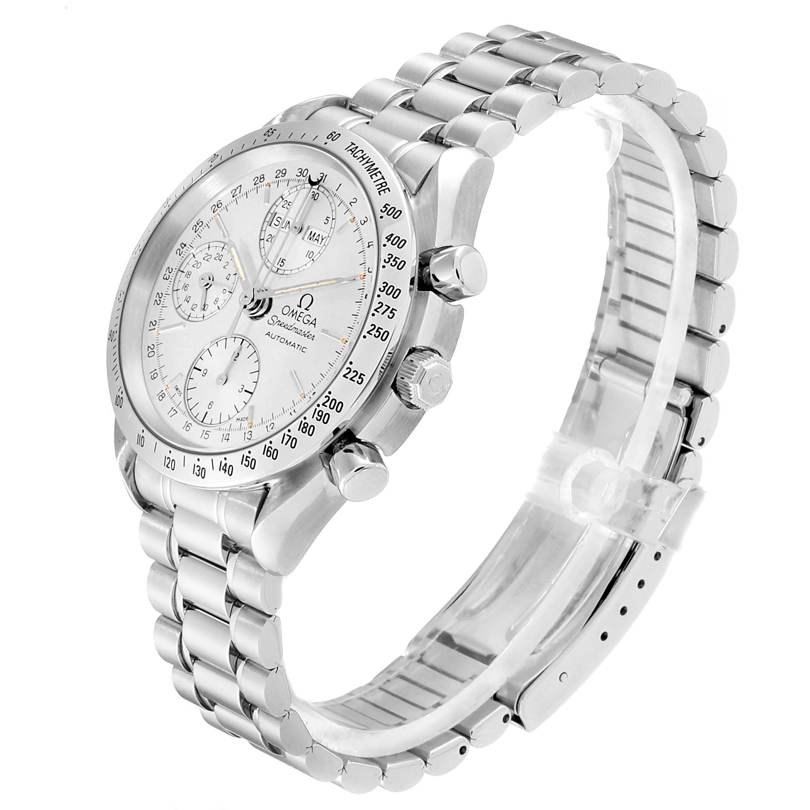 The image shows an Omega Speedmaster 3521.30.00 Men
s Stainless Steel Silver Dial 3521.30.00 Men
s Stainless Steel Silver Dial watch at a three-quarter angle, highlighting the face, bezel, crown, and bracelet.