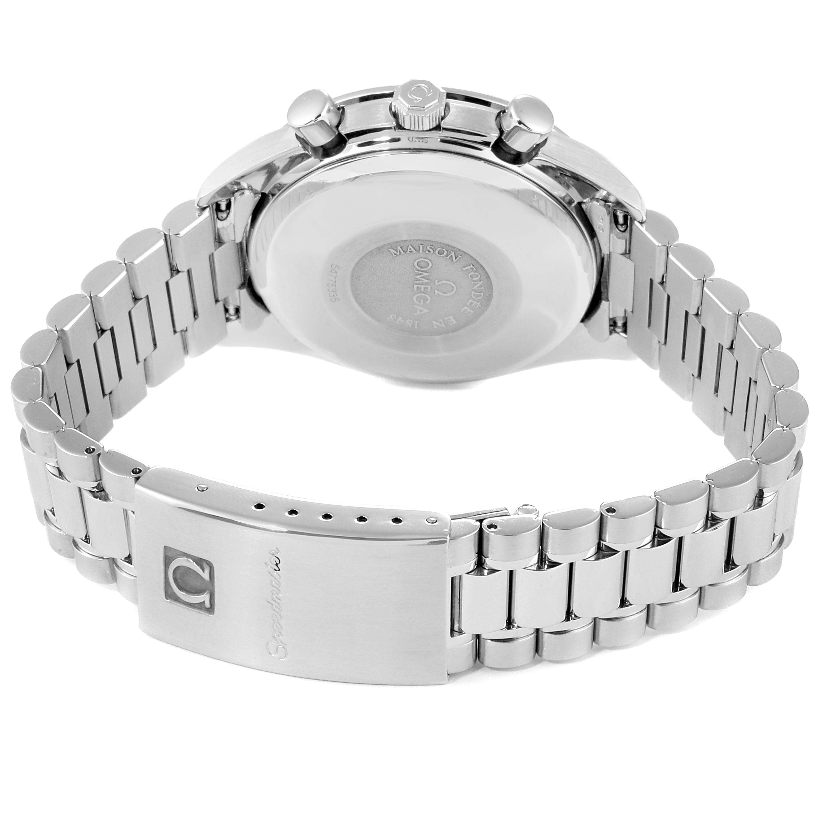 The image shows the back and stainless steel bracelet of an Omega Speedmaster 3521.30.00 Men
s Stainless Steel Silver Dial 3521.30.00 Men
s Stainless Steel Silver Dial watch, highlighting the clasp and pushers.