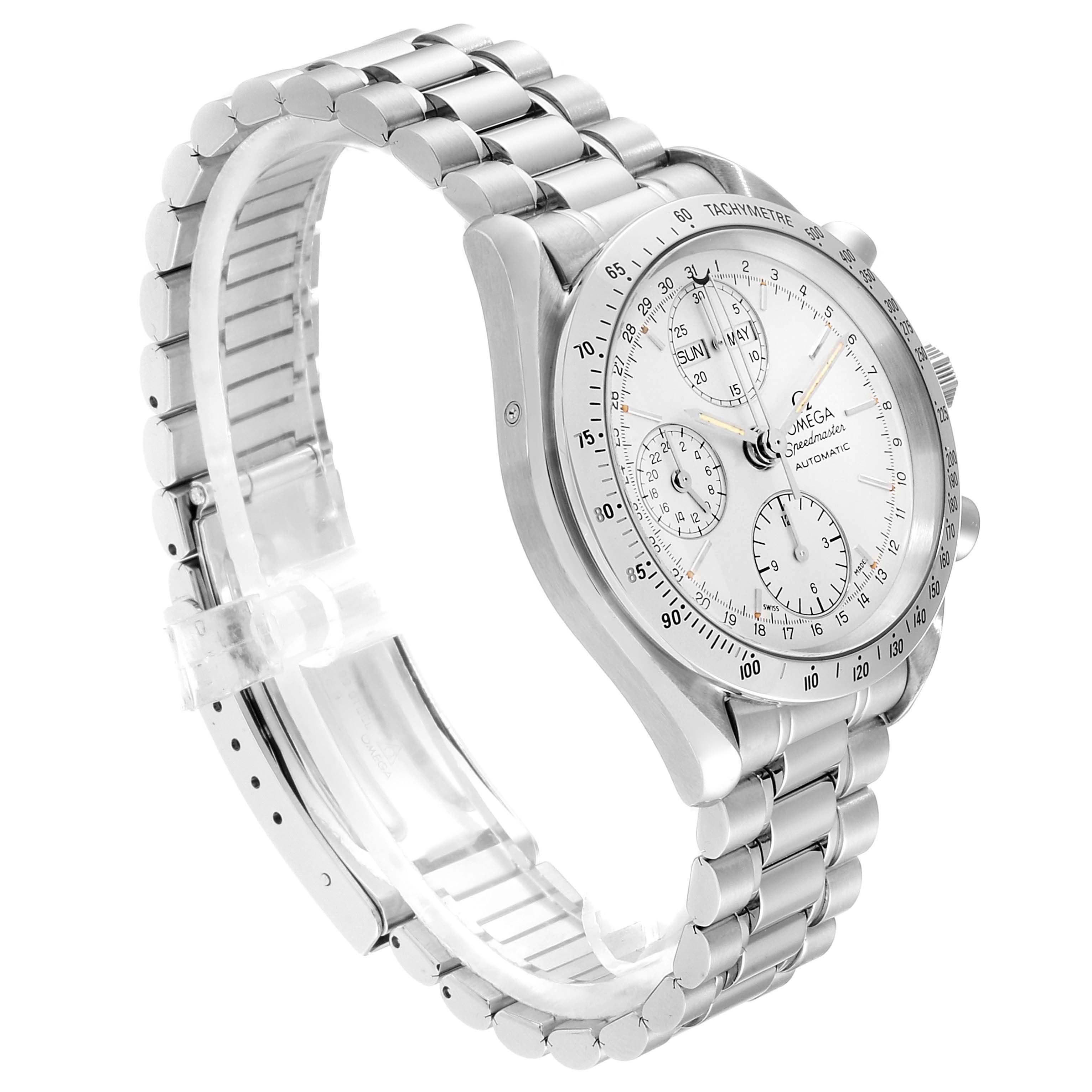 This image shows the Omega Speedmaster 3521.30.00 Men
s Stainless Steel Silver Dial 3521.30.00 Men
s Stainless Steel Silver Dial watch angled from the left, displaying its dial, bezel, crown, and metal bracelet.