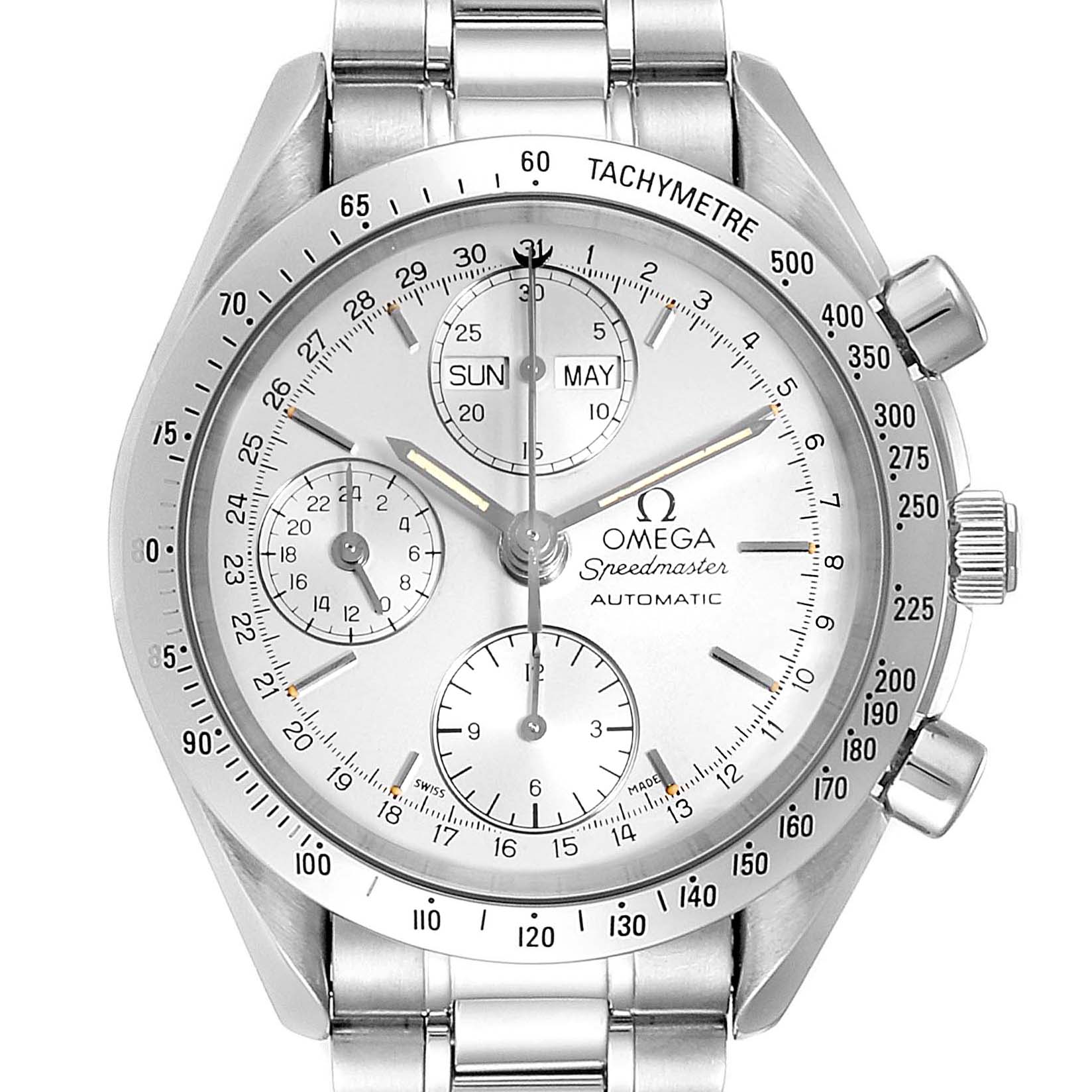 The image shows a frontal view of an Omega Speedmaster 3521.30.00 Men
s Stainless Steel Silver Dial 3521.30.00 Men
s Stainless Steel Silver Dial watch, showcasing its dial, tachymeter, and side pushers.