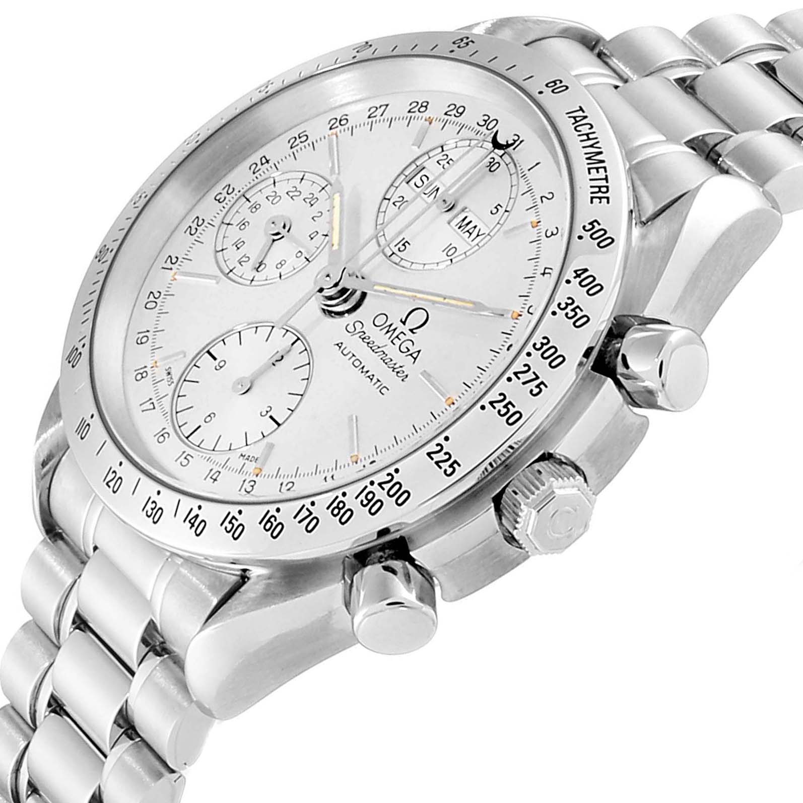 The image shows an angled view of an Omega Speedmaster 3521.30.00 Men
s Stainless Steel Silver Dial 3521.30.00 Men
s Stainless Steel Silver Dial, highlighting the dial, tachymeter bezel, subdials, and metal bracelet.