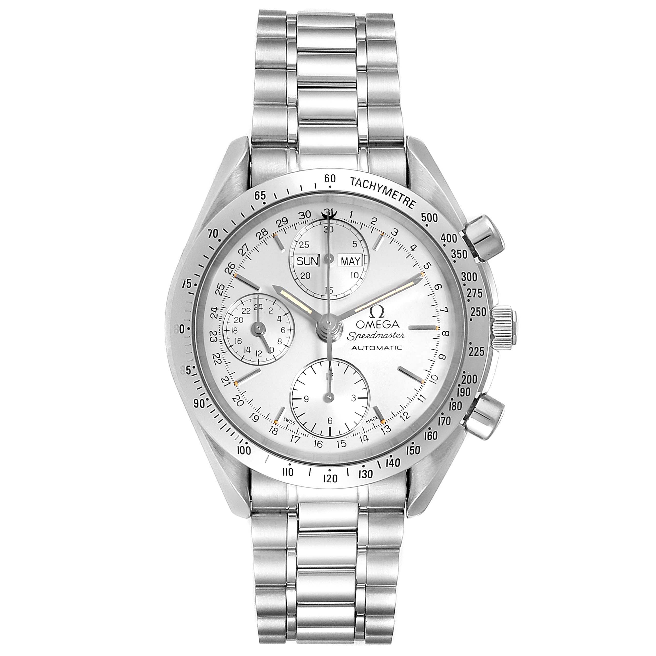 This image shows a front view of an Omega Speedmaster 3521.30.00 Men
s Stainless Steel Silver Dial 3521.30.00 Men
s Stainless Steel Silver Dial watch, displaying the dial, chronograph subdials, and metal bracelet.