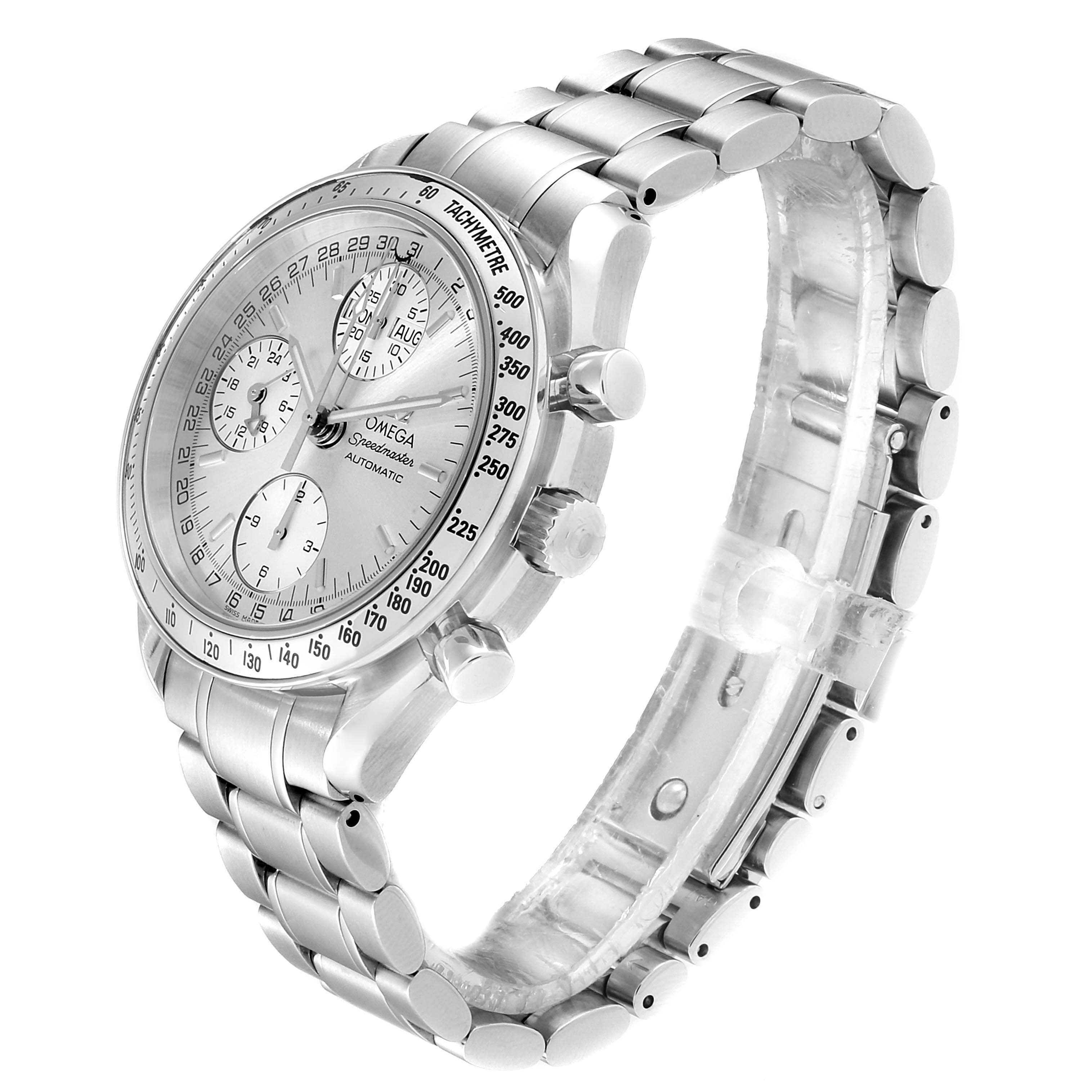 The Omega Speedmaster 3523.30.00 Men
s Stainless Steel Silver Dial 3523.30.00 Men
s Stainless Steel Silver Dial watch is shown at a three-quarter angle, displaying the bracelet, clasp, dial, and side buttons.