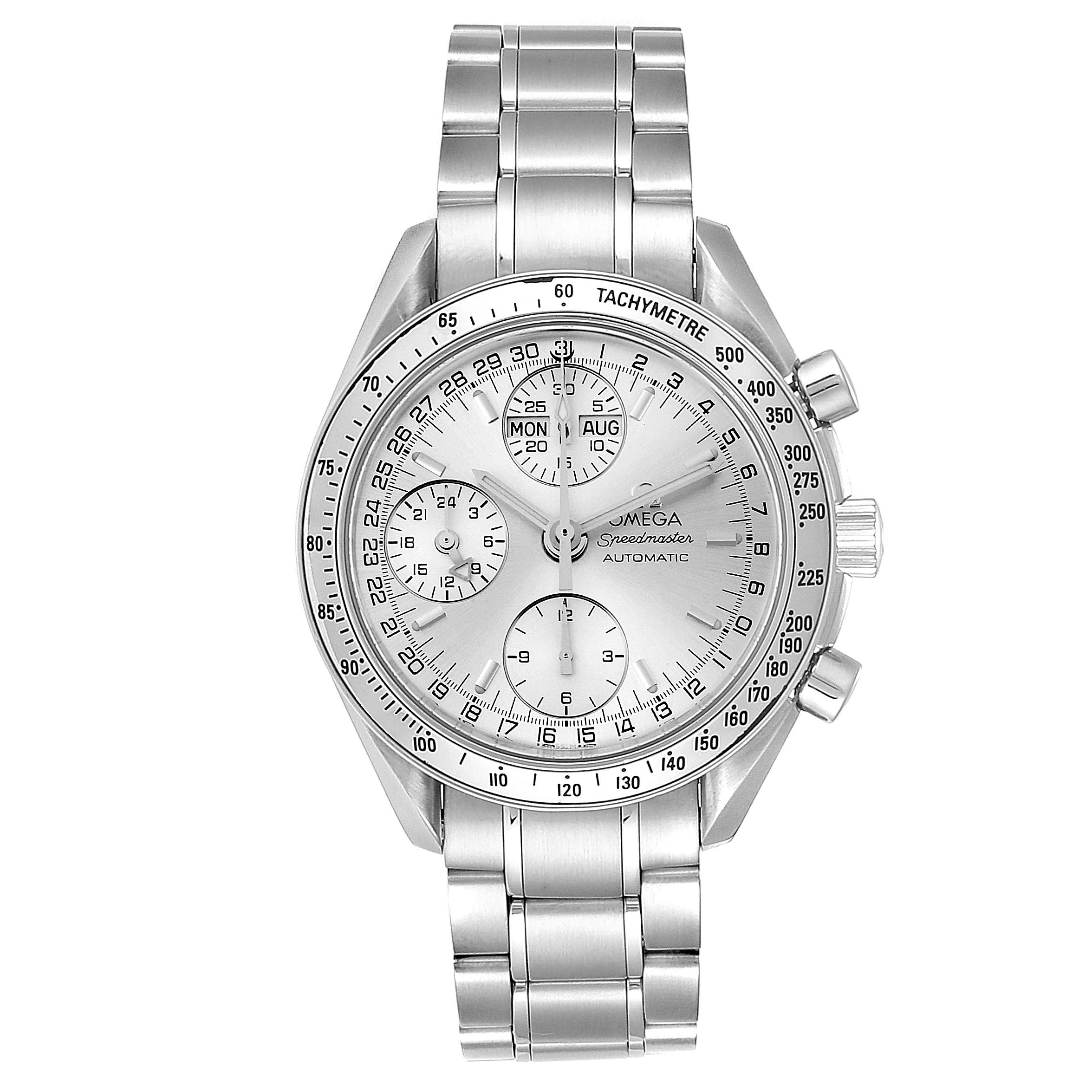 This image shows a front view of the Omega Speedmaster 3523.30.00 Men
s Stainless Steel Silver Dial 3523.30.00 Men
s Stainless Steel Silver Dial watch, highlighting the dial, tachymeter bezel, and stainless steel bracelet.
