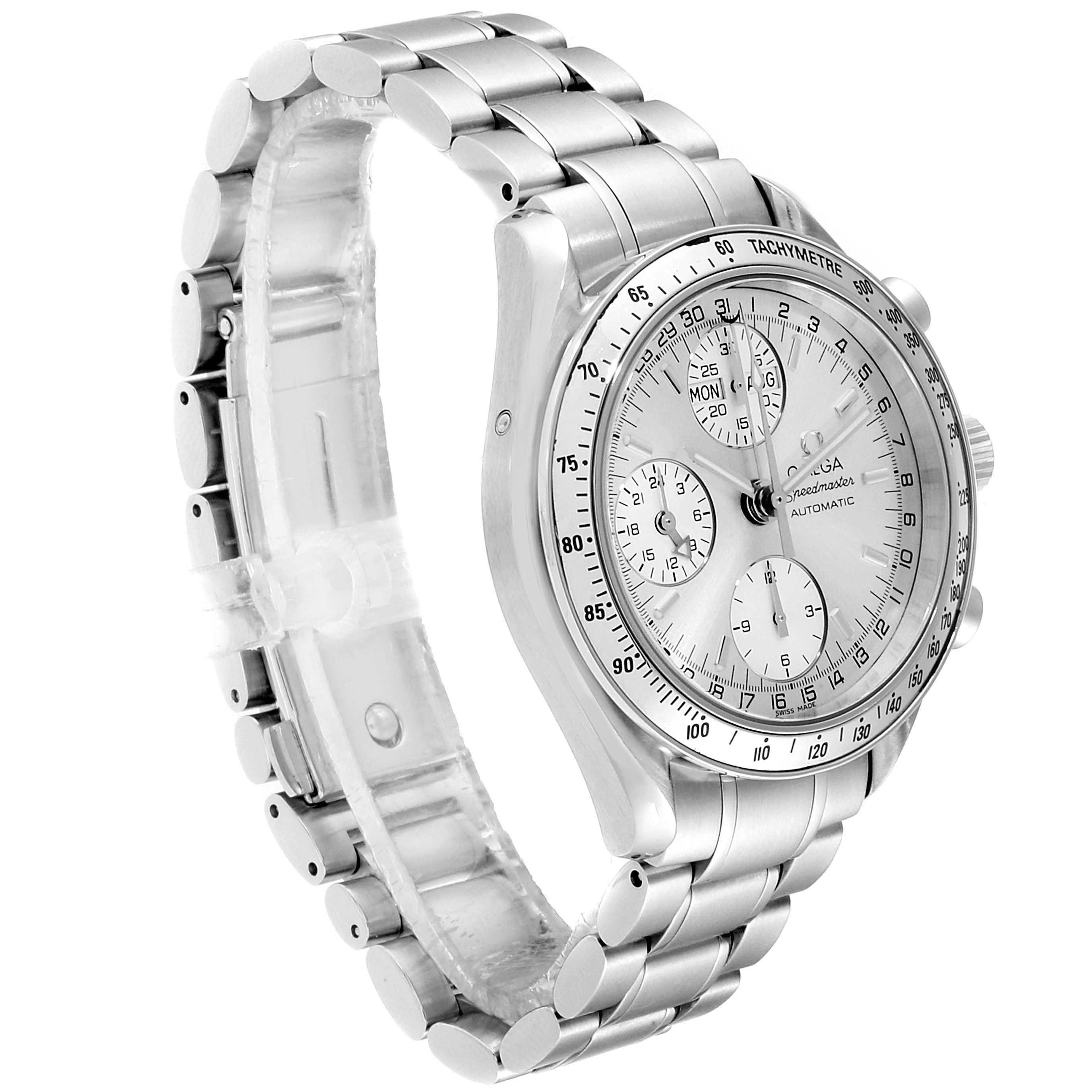 The image shows a three-quarter angled view of an Omega Speedmaster 3523.30.00 Men
s Stainless Steel Silver Dial 3523.30.00 Men
s Stainless Steel Silver Dial watch, highlighting its stainless steel bracelet and chronograph face.