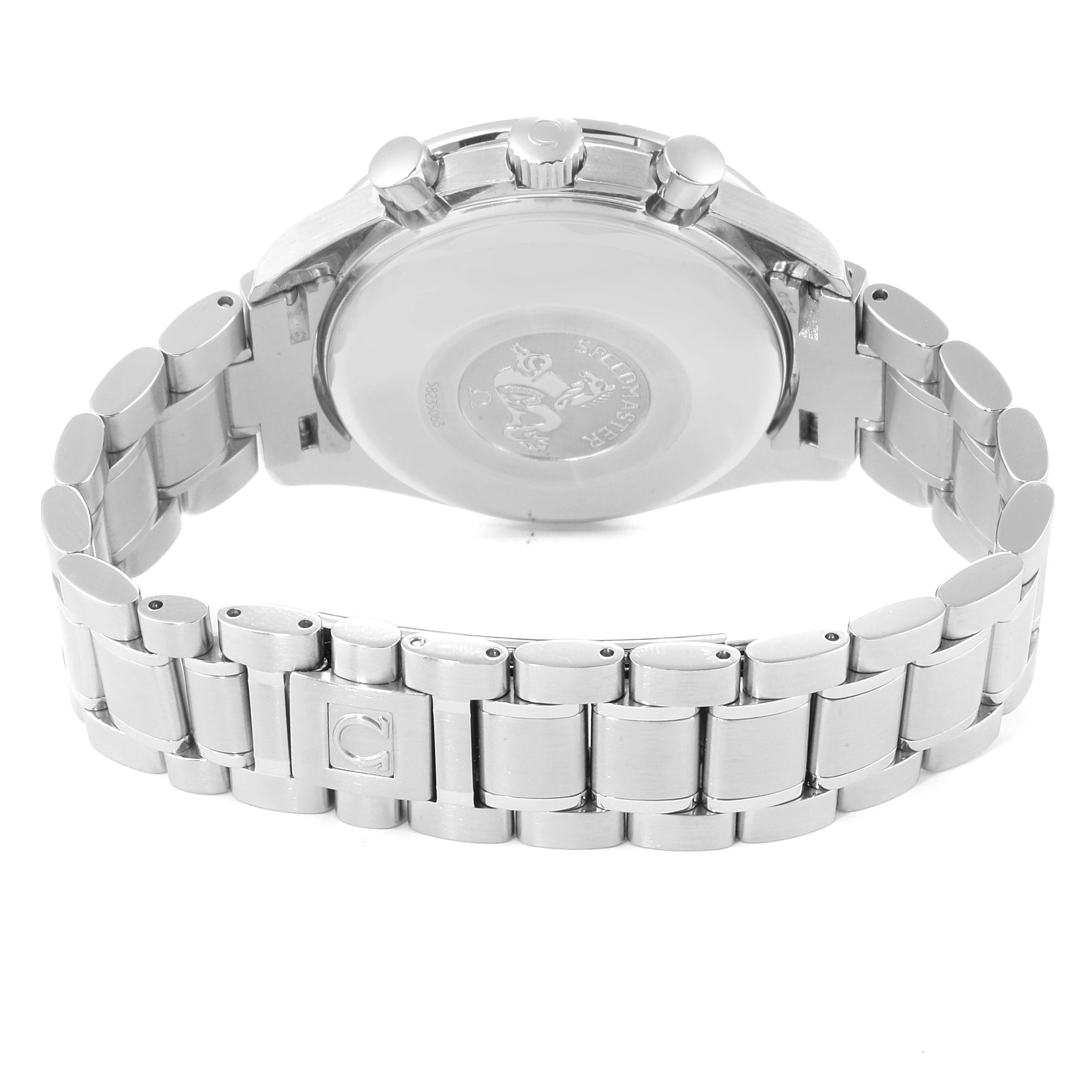 This image shows the back view of the Omega Speedmaster 3523.30.00 Men
s Stainless Steel Silver Dial 3523.30.00 Men
s Stainless Steel Silver Dial watch, highlighting its bracelet and case back.