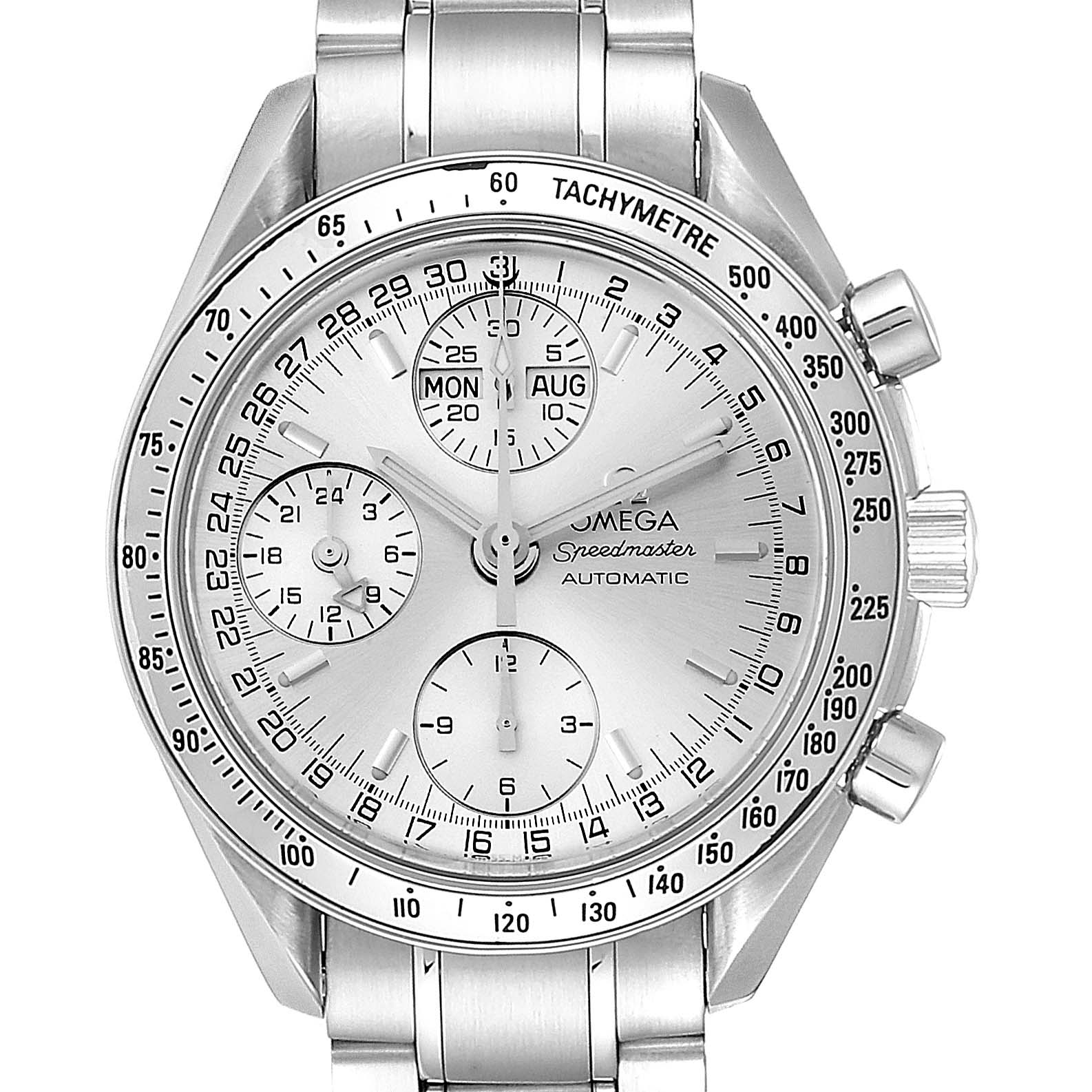 This image shows a frontal view of an Omega Speedmaster 3523.30.00 Men
s Stainless Steel Silver Dial 3523.30.00 Men
s Stainless Steel Silver Dial watch, highlighting its face, dials, and metal strap.