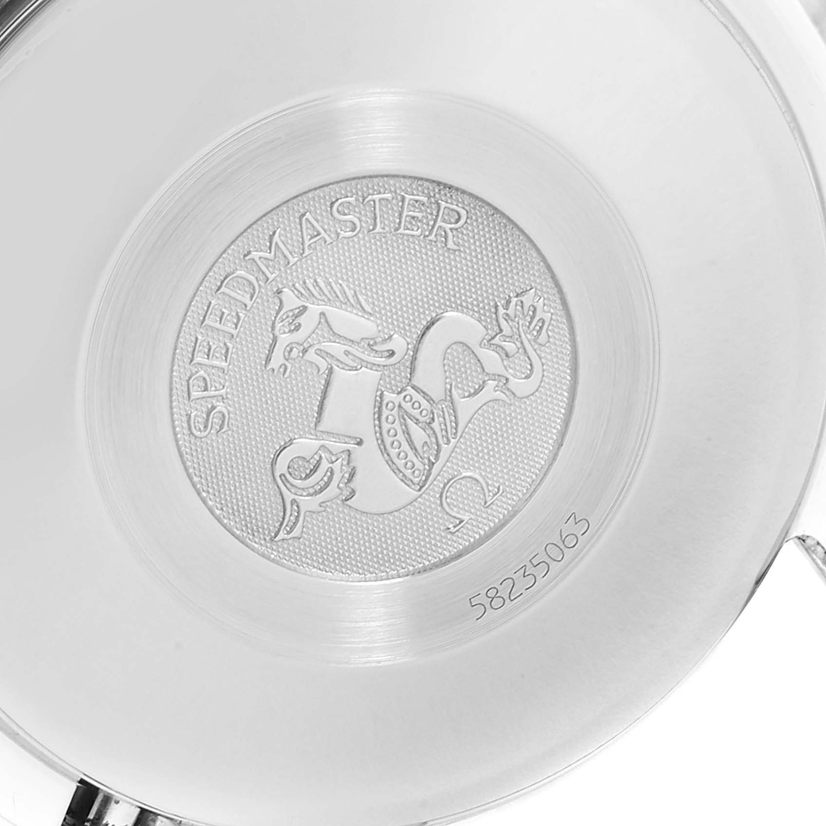 This image shows the case back of an Omega Speedmaster 3523.30.00 Men
s Stainless Steel Silver Dial 3523.30.00 Men
s Stainless Steel Silver Dial watch, displaying its engraved logo and serial number.