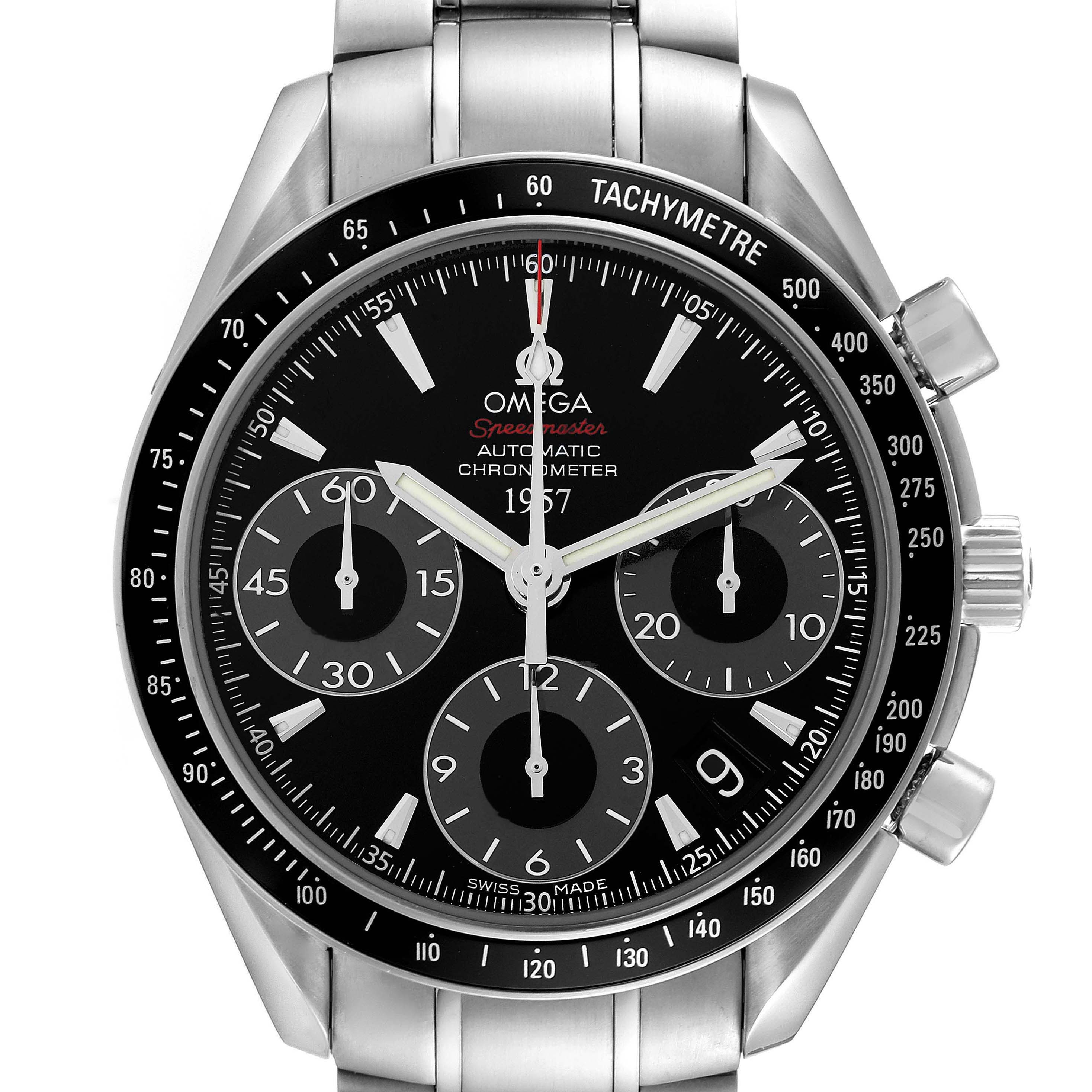 The Omega Speedmaster 323.30.40.40.01.001 Men
s Stainless Steel Black Dial 323.30.40.40.01.001 Men
s Stainless Steel Black Dial watch is shown from the front, displaying the dial, three sub-dials, tachymetre bezel, and pushers.