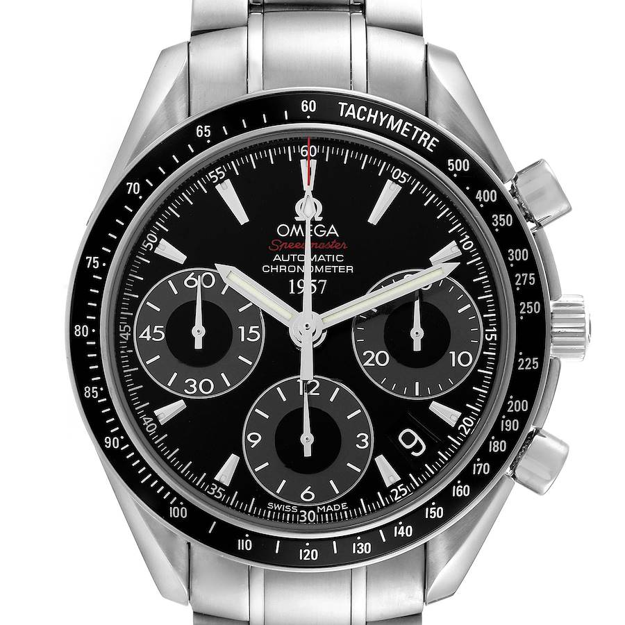 The Omega Speedmaster watch is shown from the front, displaying the dial, three sub-dials, tachymetre bezel, and pushers.