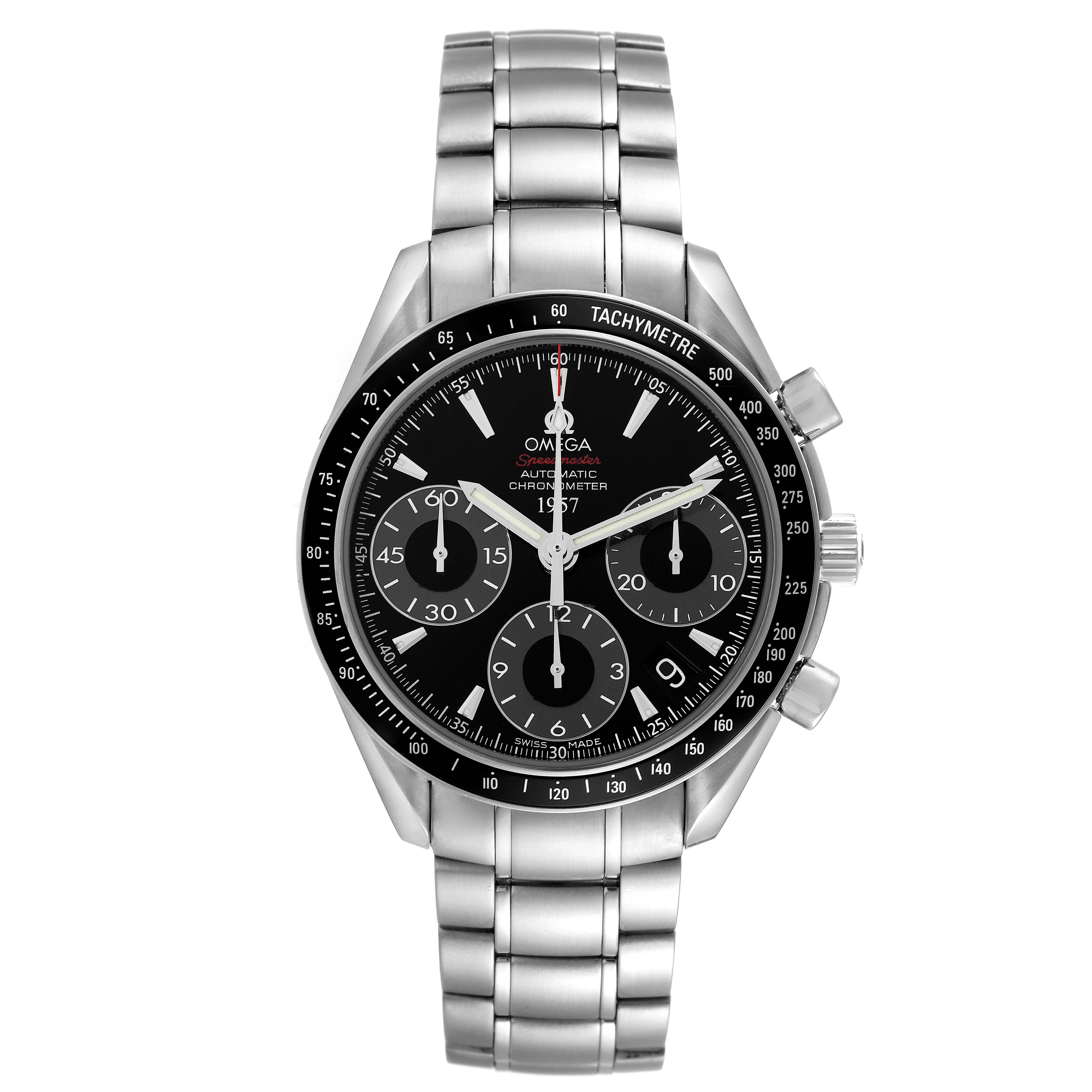 The Omega Speedmaster 323.30.40.40.01.001 Men
s Stainless Steel Black Dial 323.30.40.40.01.001 Men
s Stainless Steel Black Dial watch is shown from a front angle, displaying the dial, bezel, pushers, and stainless steel bracelet.