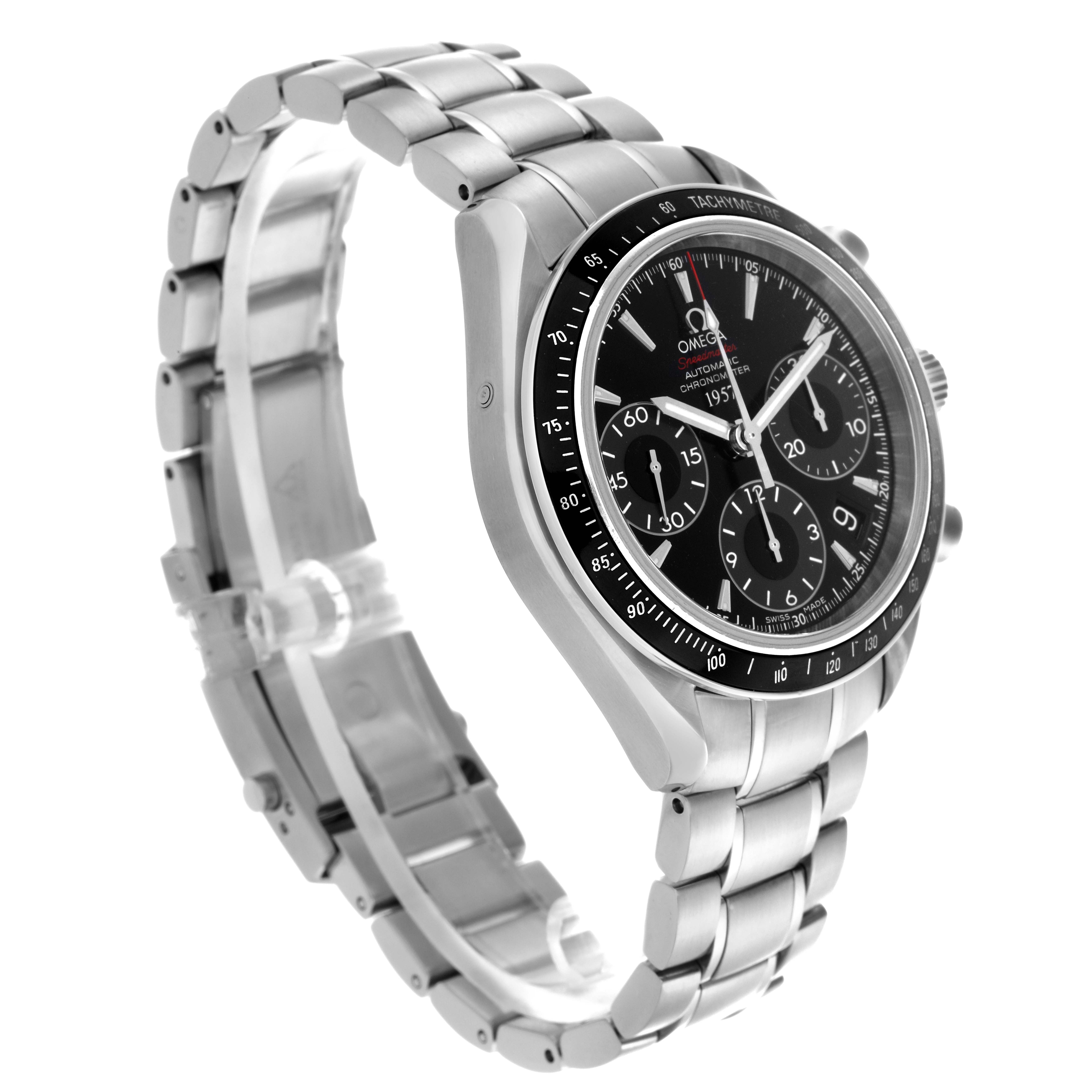 The Omega Speedmaster 323.30.40.40.01.001 Men
s Stainless Steel Black Dial 323.30.40.40.01.001 Men
s Stainless Steel Black Dial watch is shown at a slight side angle, highlighting its face, bezel, and metal bracelet.