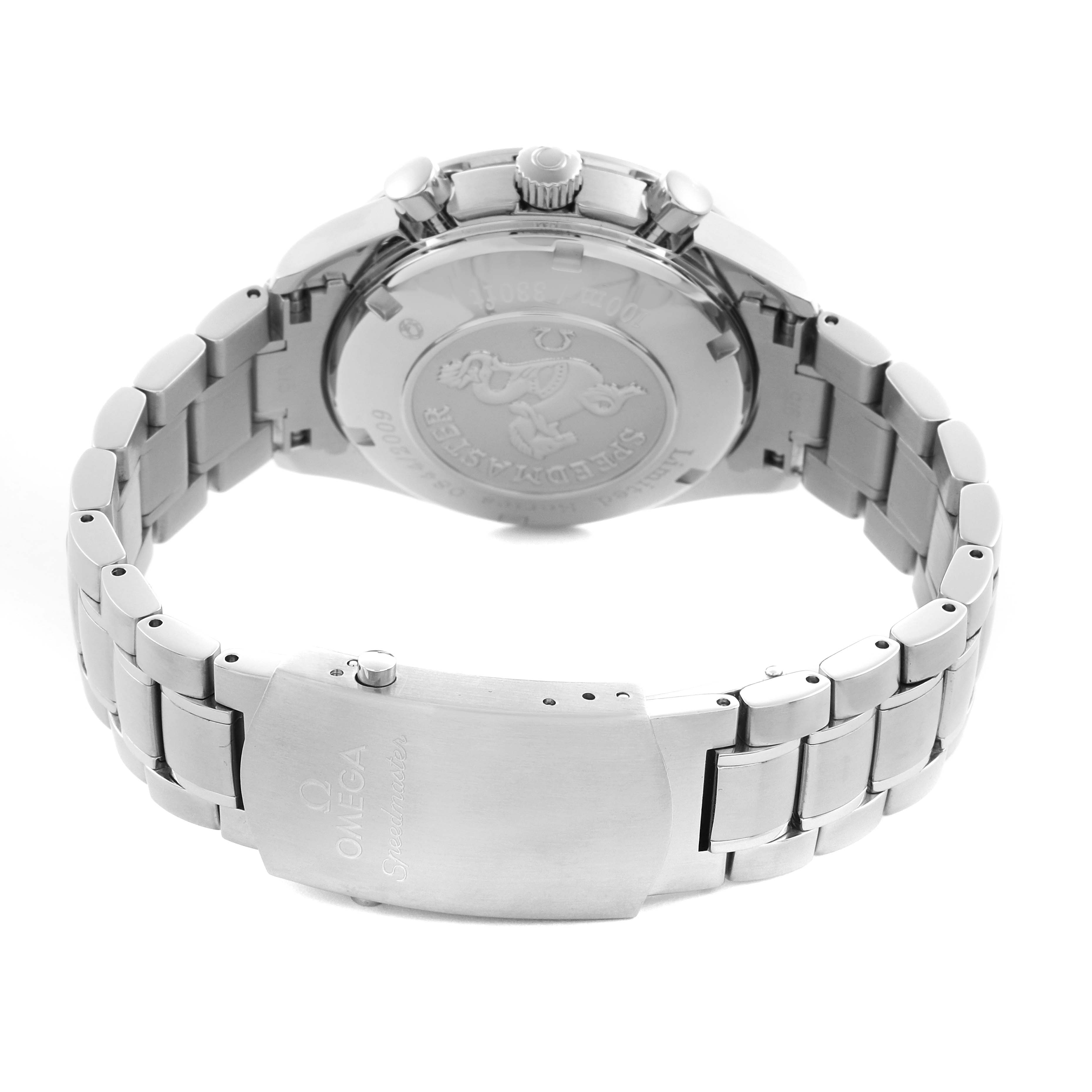 The image shows the back view of an Omega Speedmaster 323.30.40.40.01.001 Men
s Stainless Steel Black Dial 323.30.40.40.01.001 Men
s Stainless Steel Black Dial, highlighting the case back, crown, pushers, and bracelet clasp.