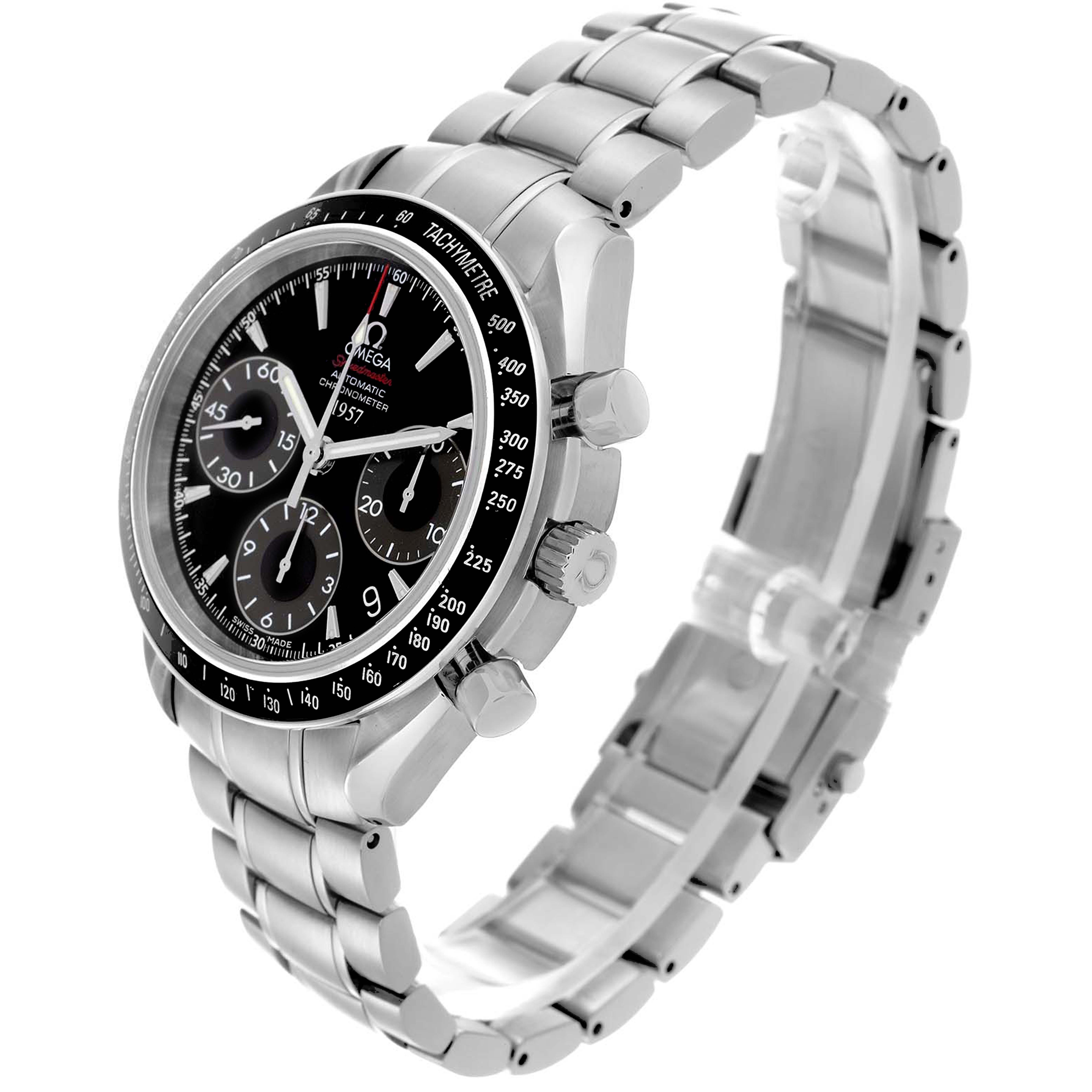The Omega Speedmaster 323.30.40.40.01.001 Men
s Stainless Steel Black Dial 323.30.40.40.01.001 Men
s Stainless Steel Black Dial watch is shown at a side angle, highlighting the dial, tachymeter bezel, pushers, and bracelet.