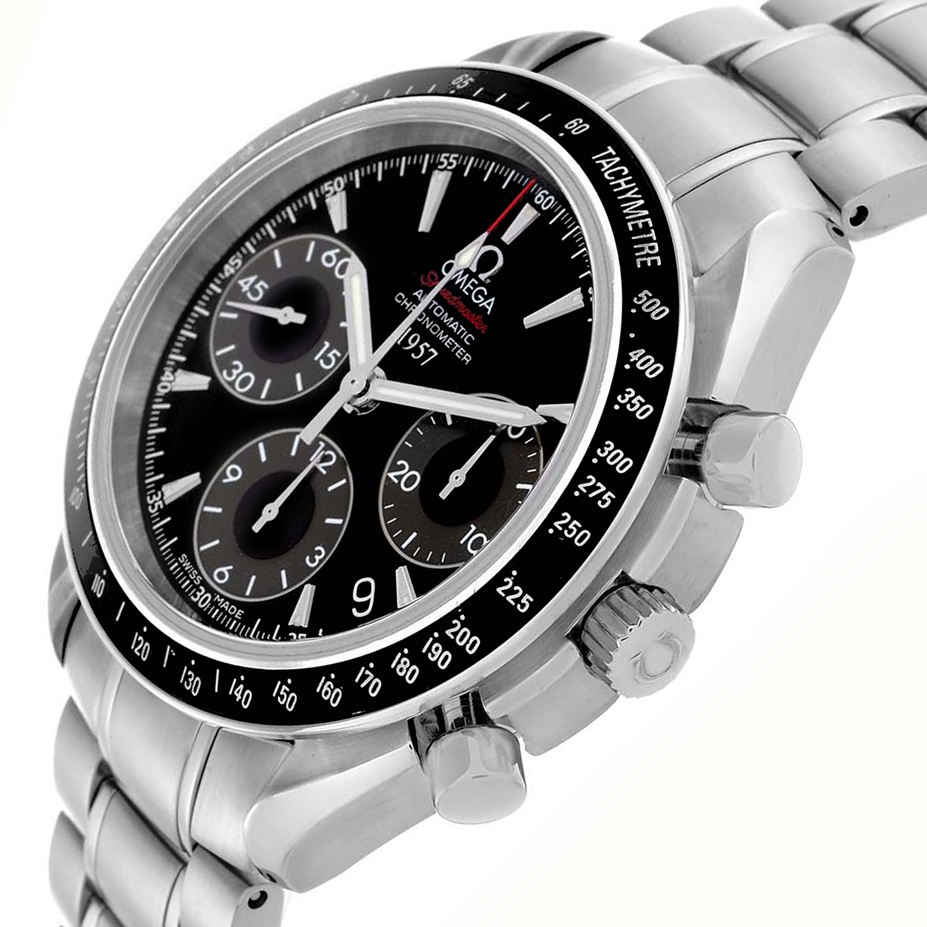 The Omega Speedmaster 323.30.40.40.01.001 Men
s Stainless Steel Black Dial 323.30.40.40.01.001 Men
s Stainless Steel Black Dial watch is shown from a three-quarter angle, highlighting the face, bezel, crown, and pushers.