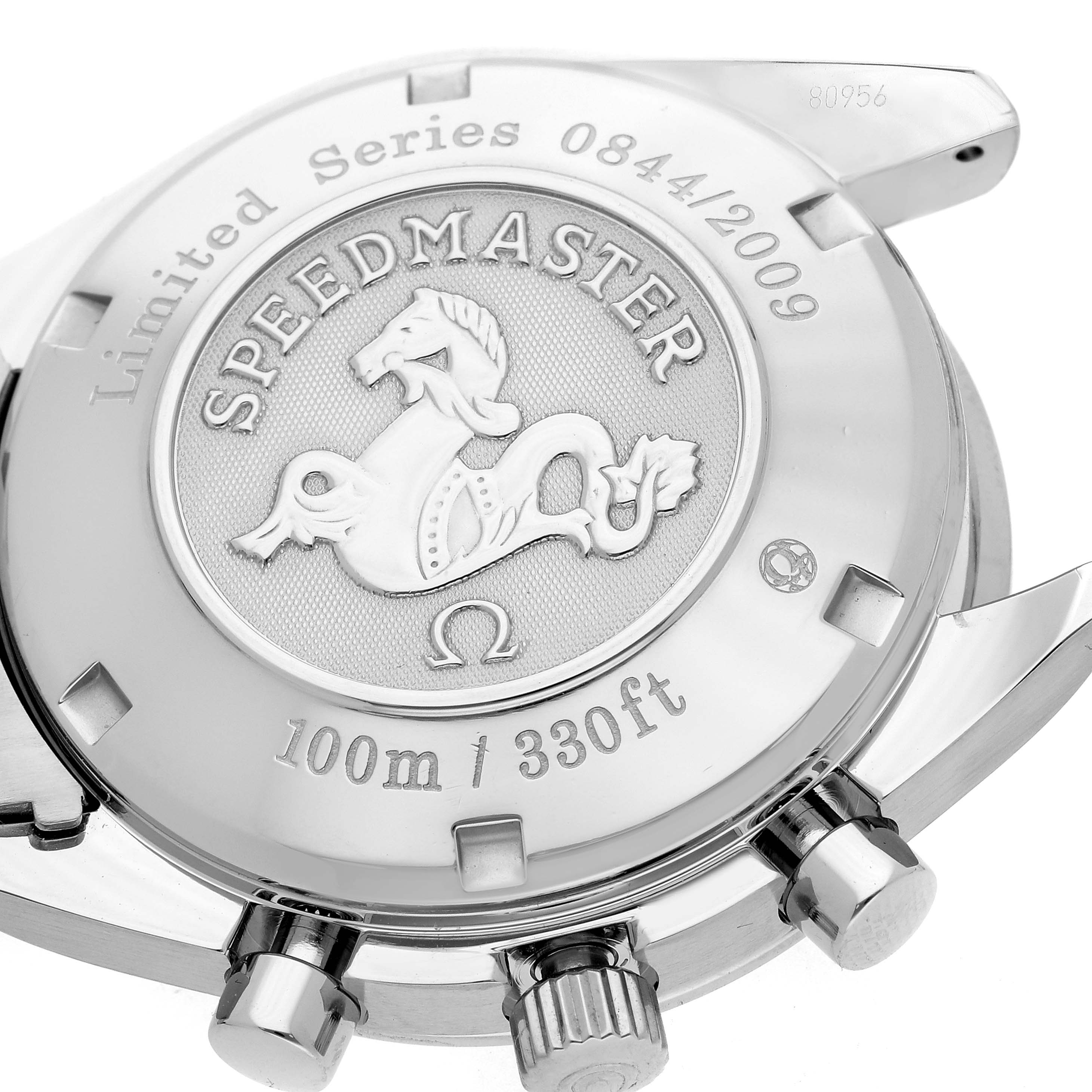 The image shows the back case of an Omega Speedmaster 323.30.40.40.01.001 Men
s Stainless Steel Black Dial 323.30.40.40.01.001 Men
s Stainless Steel Black Dial, displaying its Limited Series engraving and water resistance.