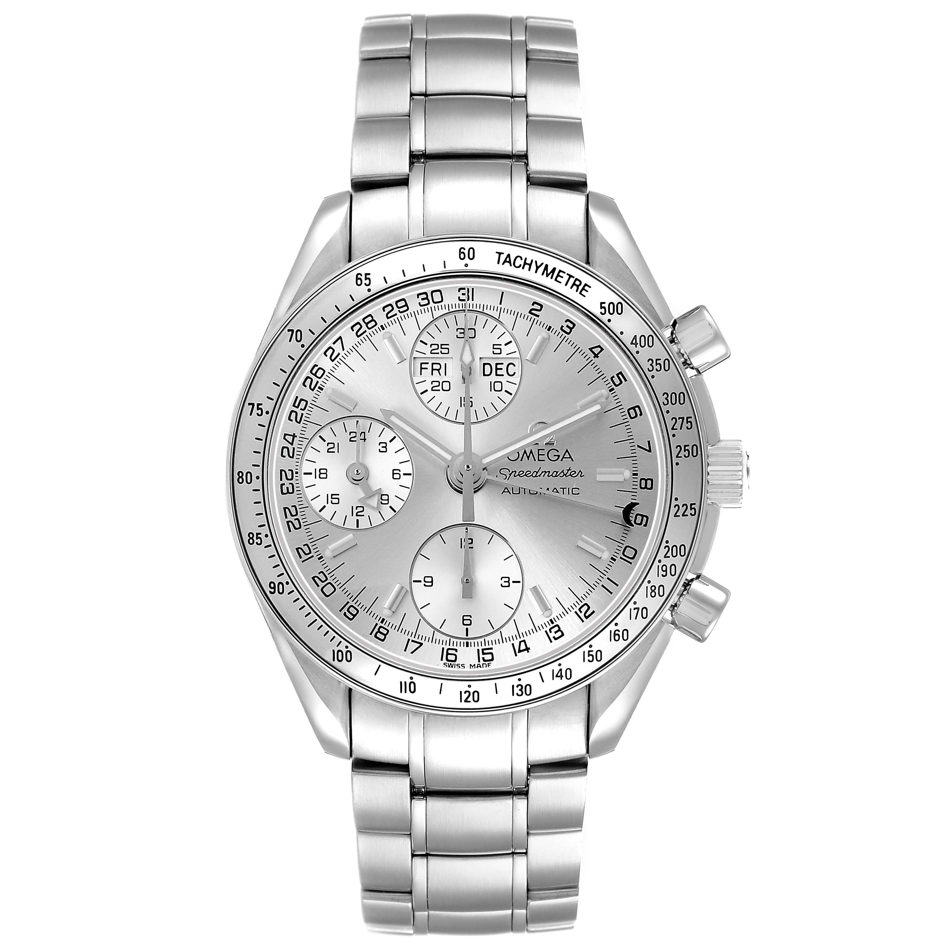 The Omega Speedmaster 3523.30.00 Men's Stainless Steel Silver Dial watch is shown from a front view, highlighting the dial, tachymeter bezel, and stainless steel bracelet.
