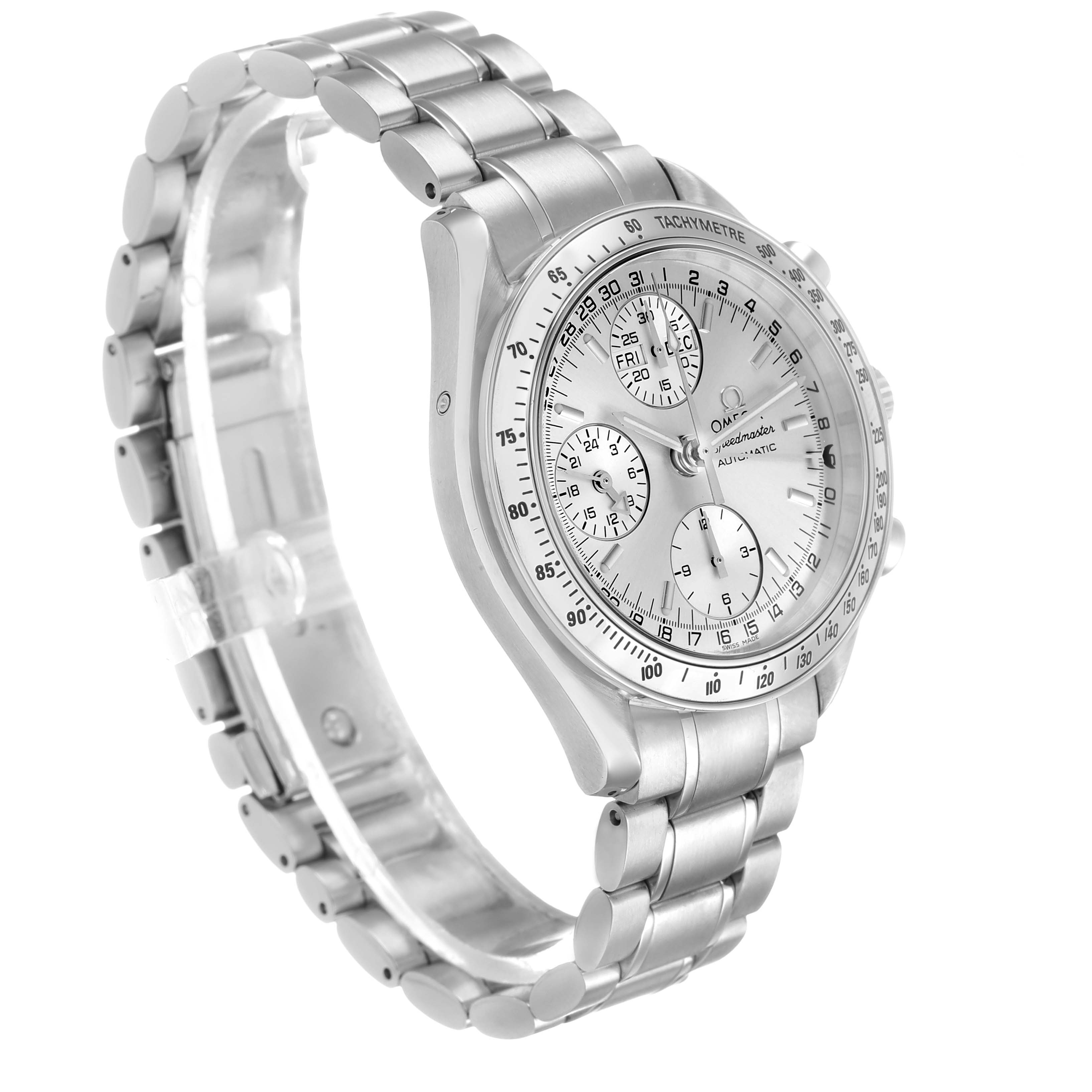 The Omega Speedmaster 3523.30.00 Men's Stainless Steel Silver Dial watch is shown from an angled side view, highlighting the face, bezel, and metal bracelet.