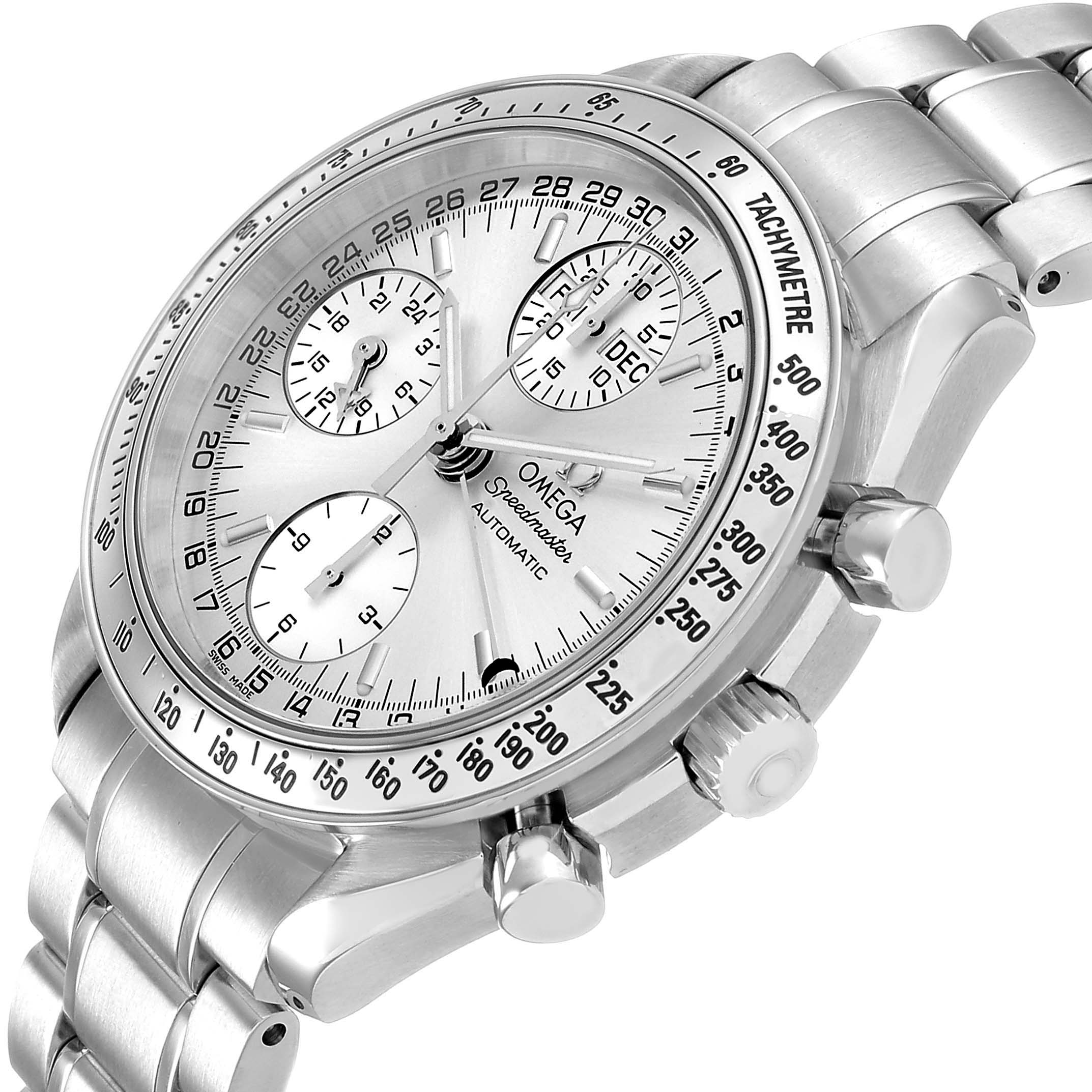 The Omega Speedmaster 3523.30.00 Men's Stainless Steel Silver Dial watch is shown at an angled side view, highlighting the dial, bezel, chronograph subdials, and bracelet.