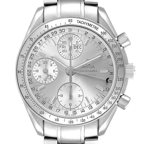 The Omega Speedmaster 3523.30.00 Men's Stainless Steel Silver Dial watch is shown from a front angle, highlighting its dial, tachymeter, subdials, and crown.