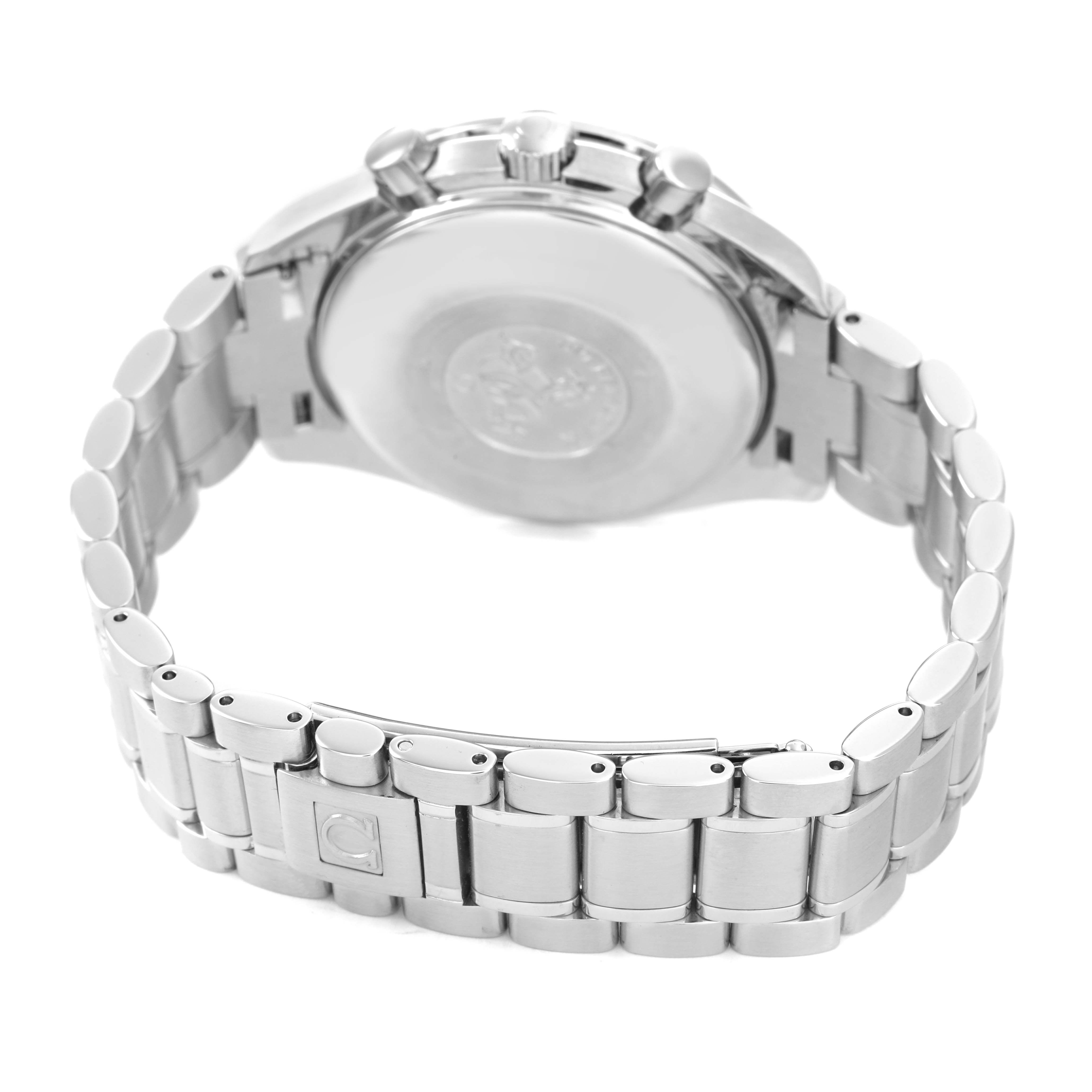 The image shows the Omega Speedmaster 3523.30.00 Men's Stainless Steel Silver Dial's back case and bracelet from a rear angle, highlighting the clasp and links.