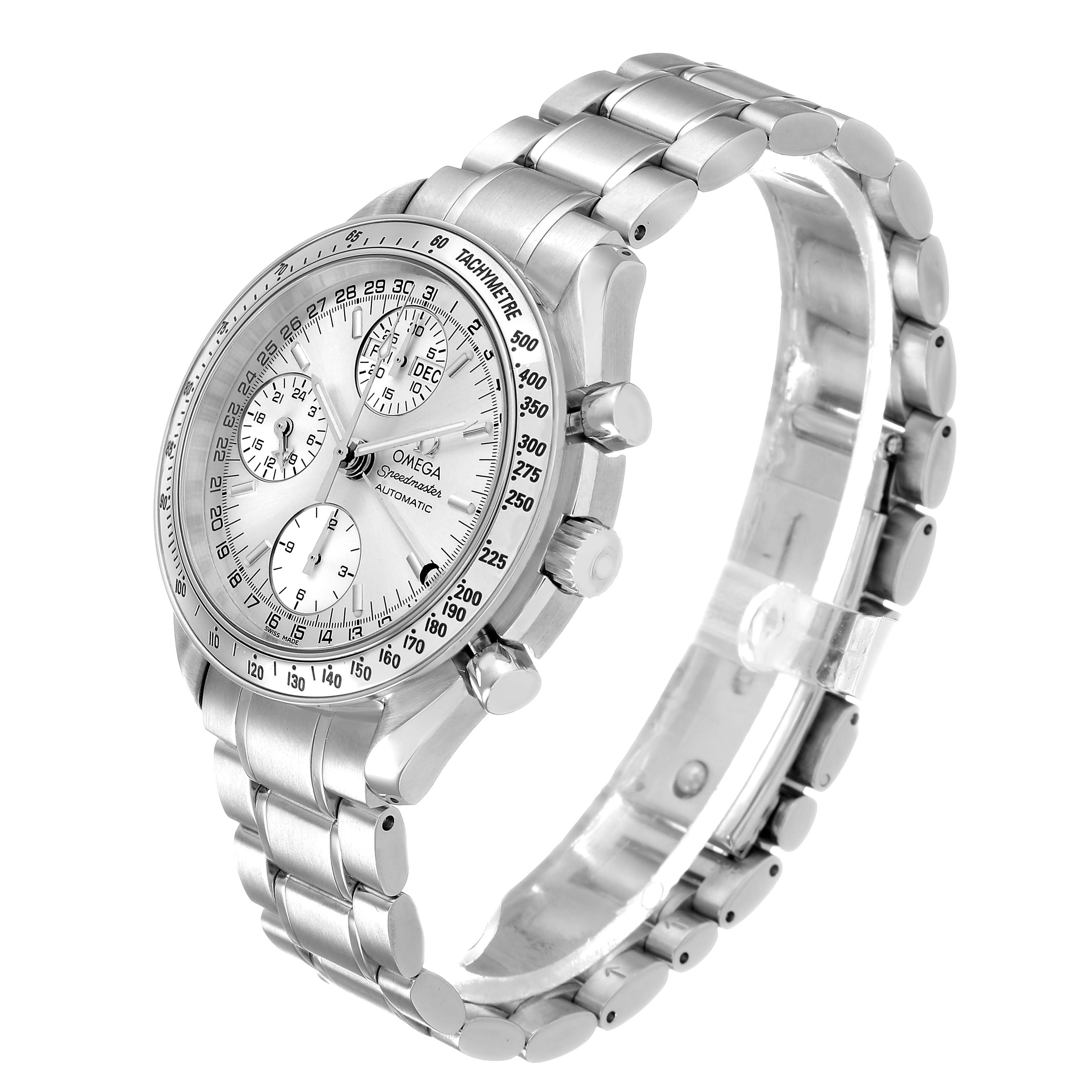 The Omega Speedmaster 3523.30.00 Men's Stainless Steel Silver Dial watch is shown at an angled side-view, highlighting its dial, tachymeter bezel, and metallic bracelet.