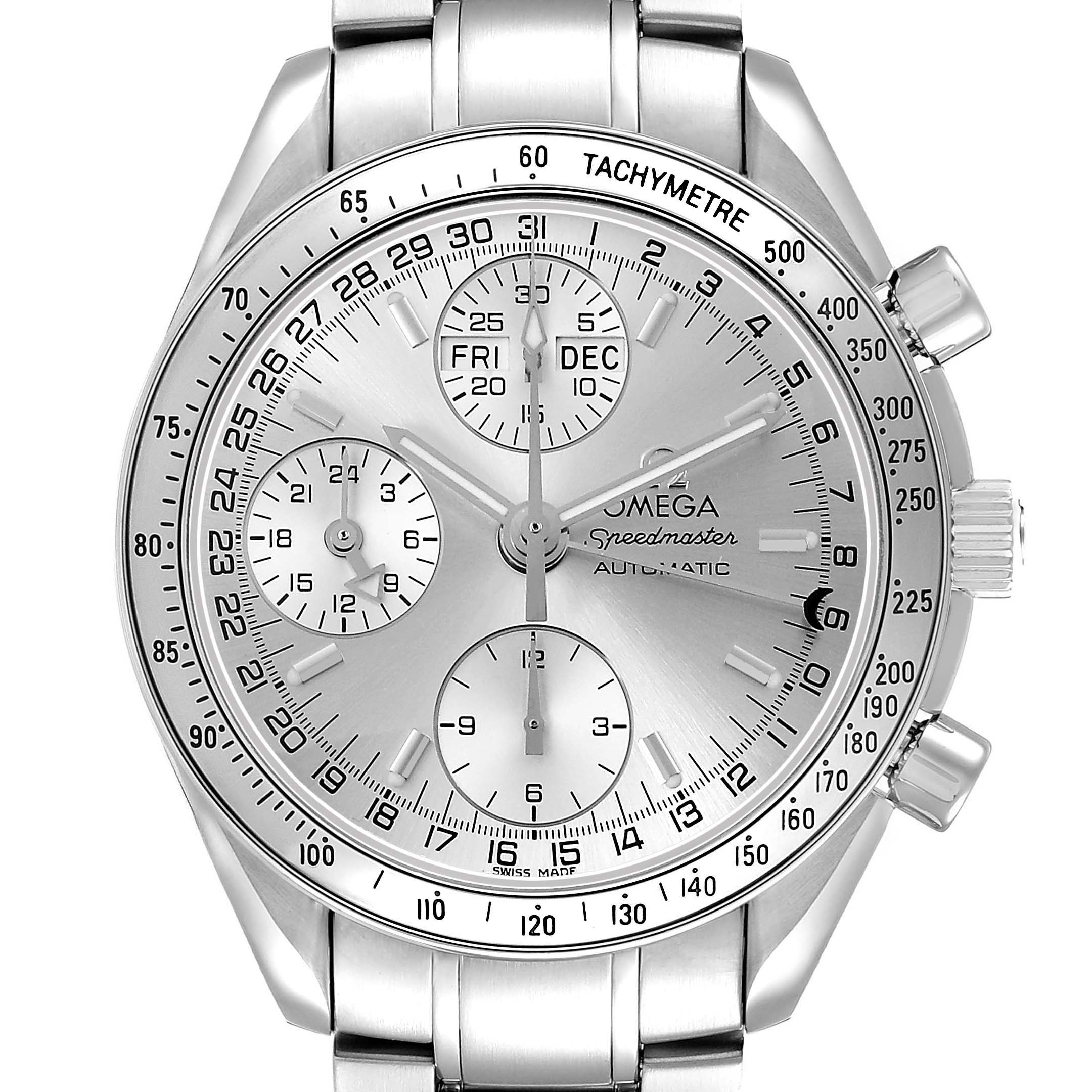 The Omega Speedmaster 3523.30.00 Men's Stainless Steel Silver Dial watch is shown from a front angle, highlighting its silver dial, tachymetre bezel, and subdials.