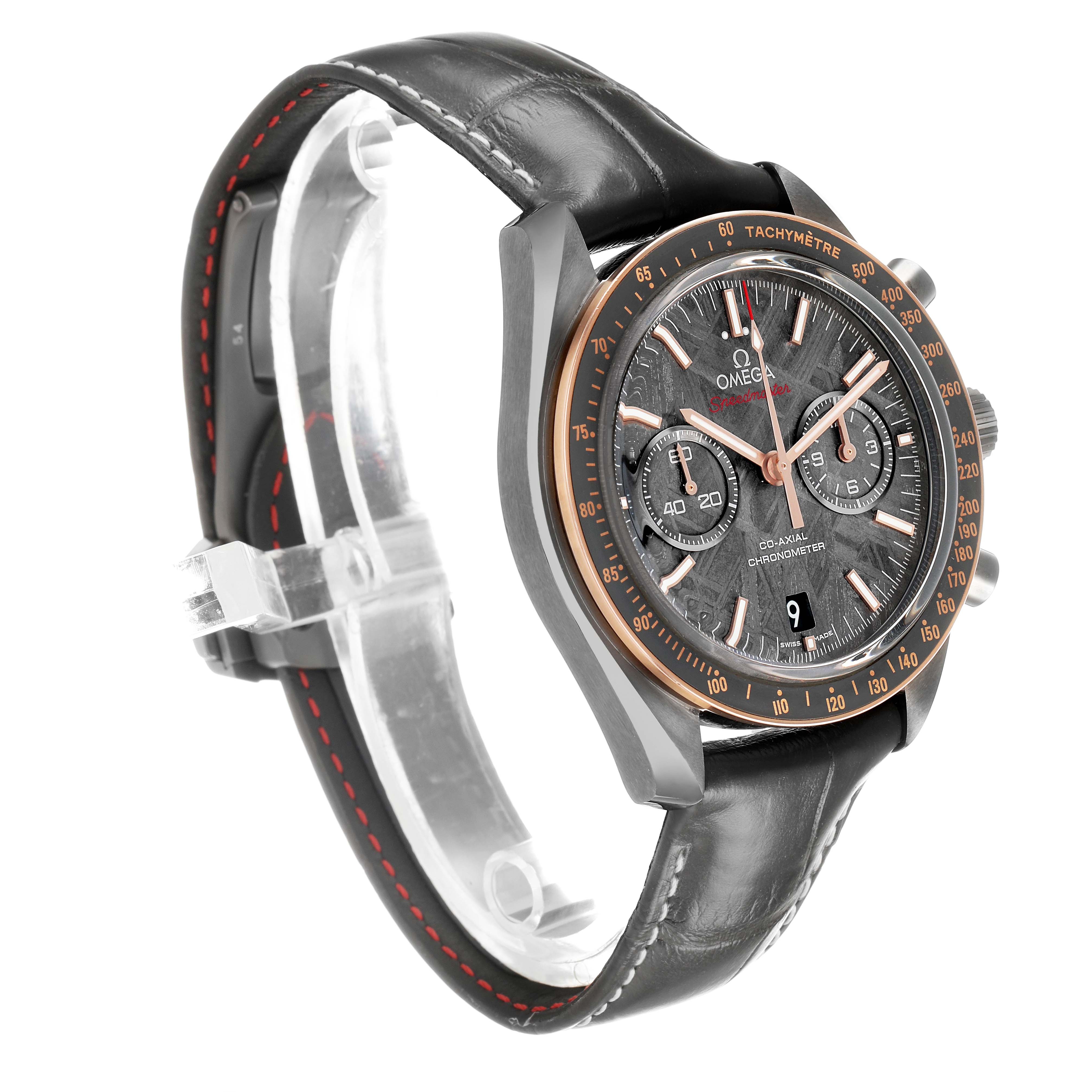 The Omega Speedmaster 311.63.44.51.99.001 Men's Ceramic Grey Dial watch is shown at a slight angle highlighting the face, bezel, and part of the black leather strap.