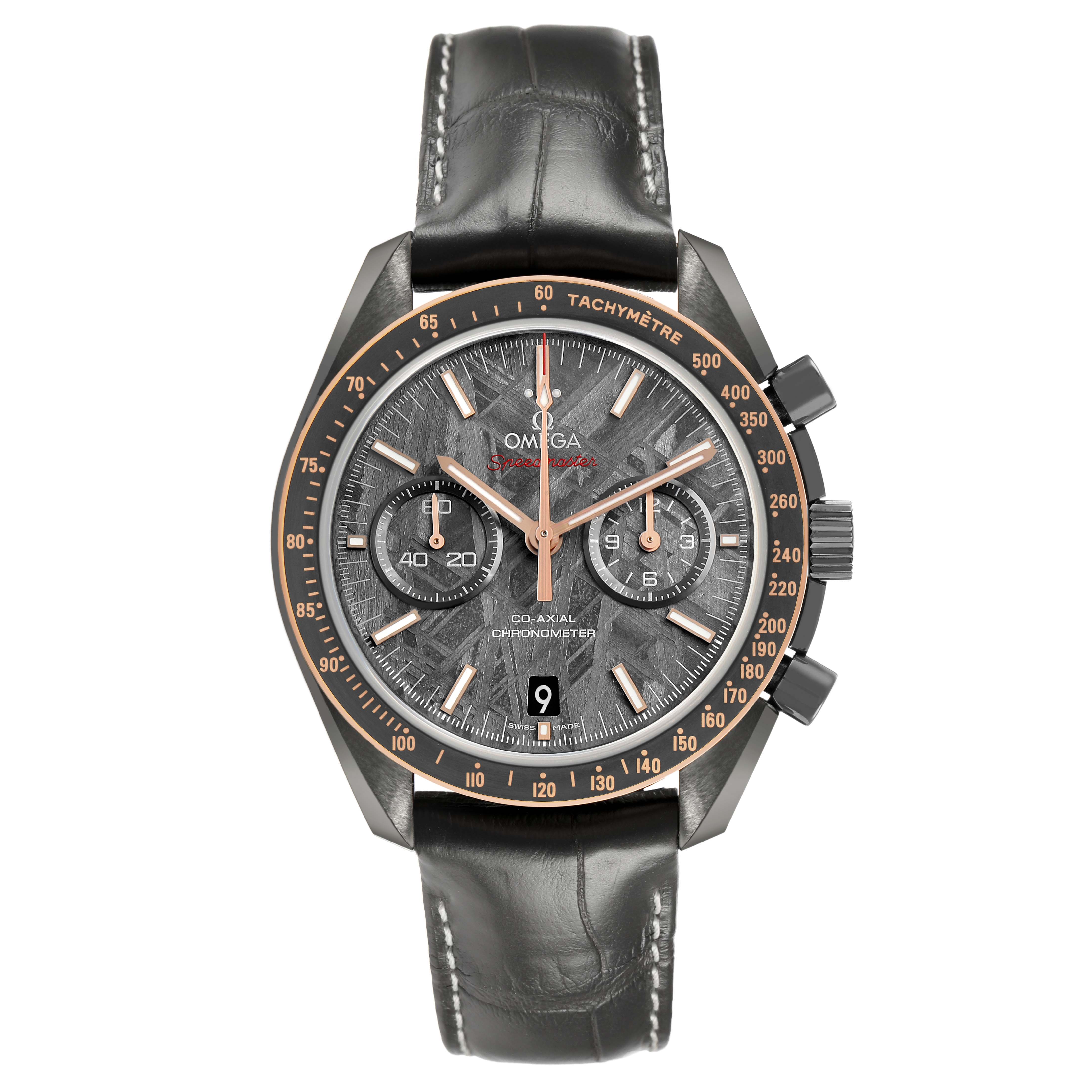 The Omega Speedmaster 311.63.44.51.99.001 Men's Ceramic Grey Dial watch is shown from a front angle, displaying its charcoal dial, tachymeter, subdials, and black leather strap.