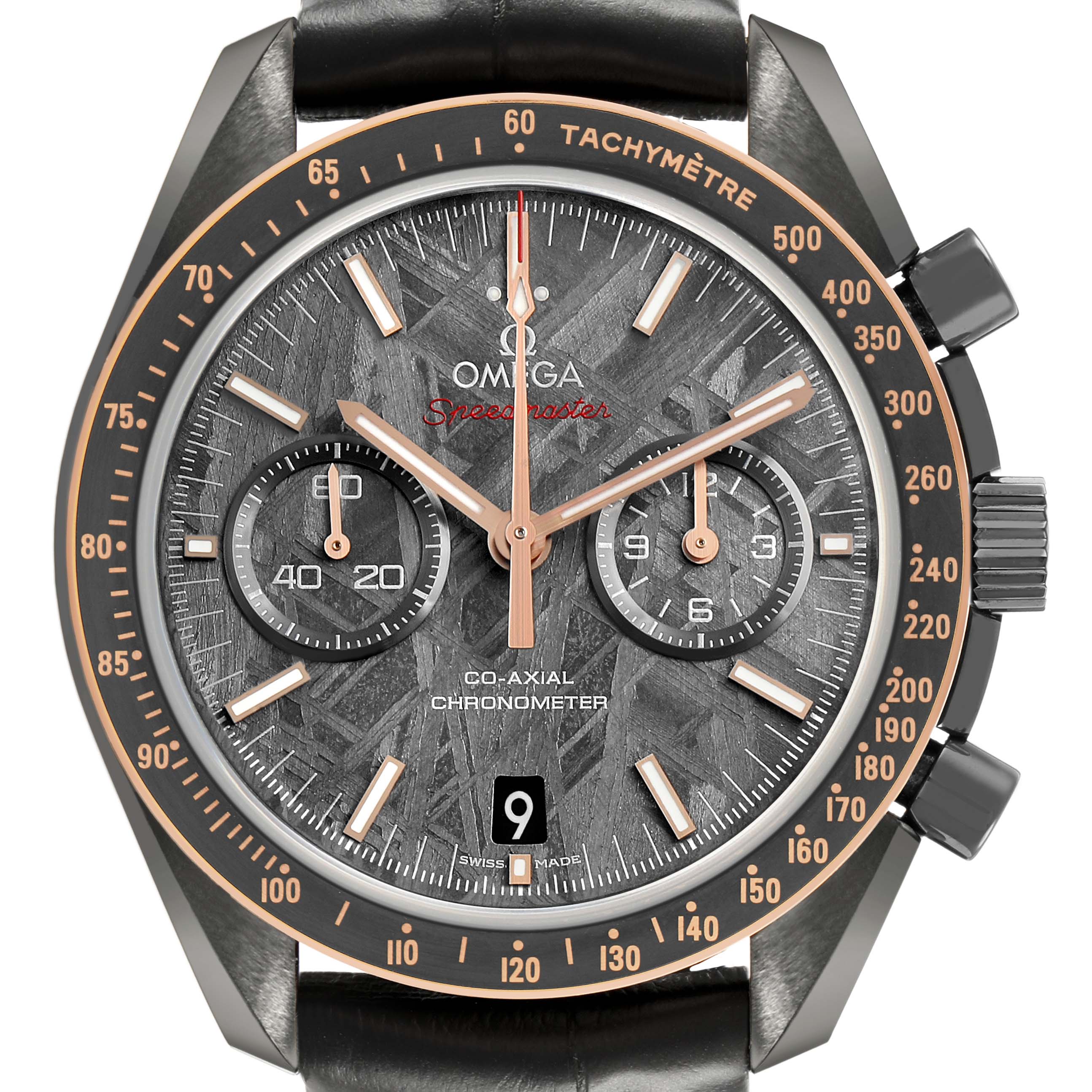 The Omega Speedmaster 311.63.44.51.99.001 Men's Ceramic Grey Dial watch is shown from the front, highlighting the dial, hands, subdials, tachymeter, and date window.