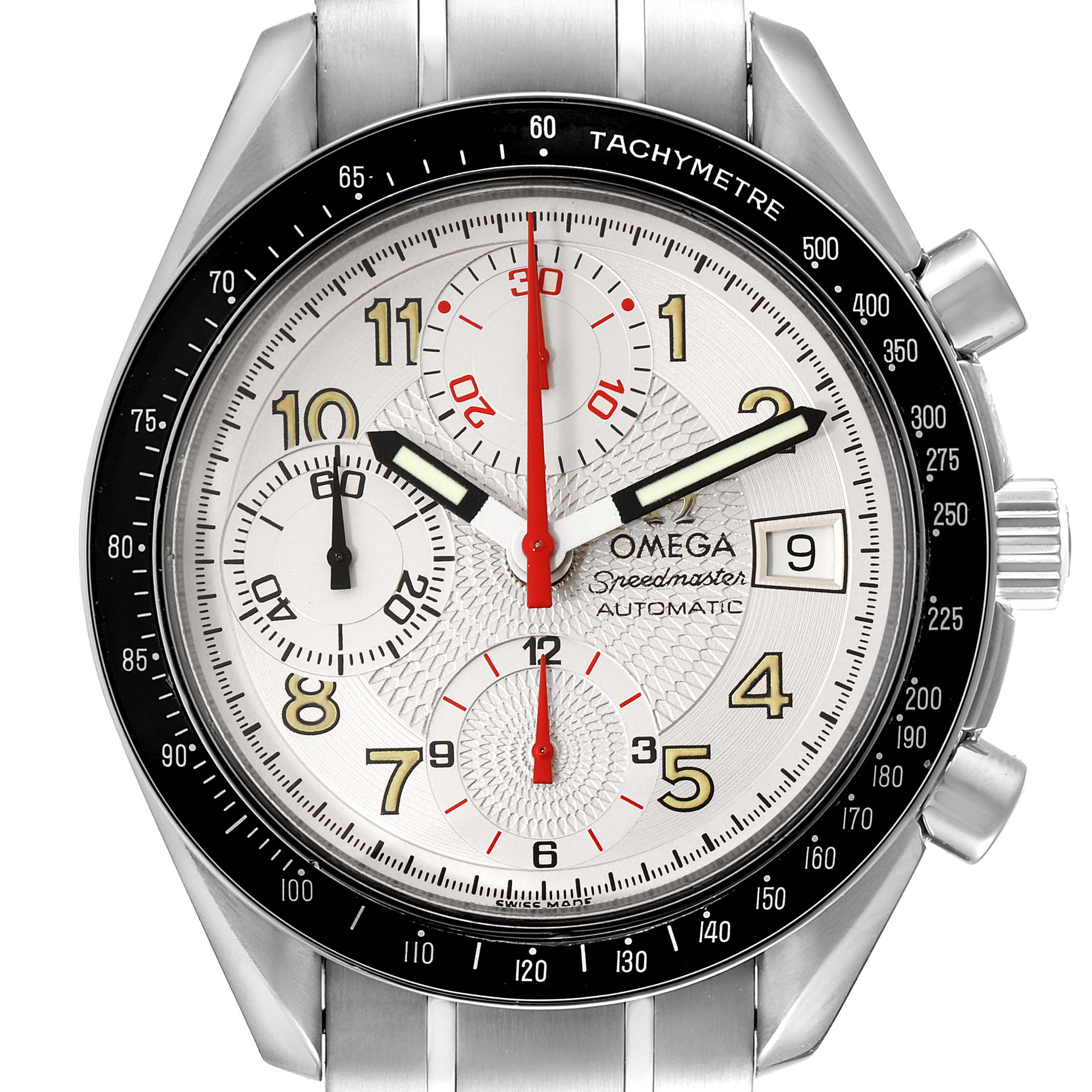 The image shows a front view of an Omega Speedmaster 3513.33.00 Men's Stainless Steel White Dial 3513.33.00 Men's Stainless Steel White Dial watch, displaying its dial, chronograph subdials, tachymeter bezel, and date window.