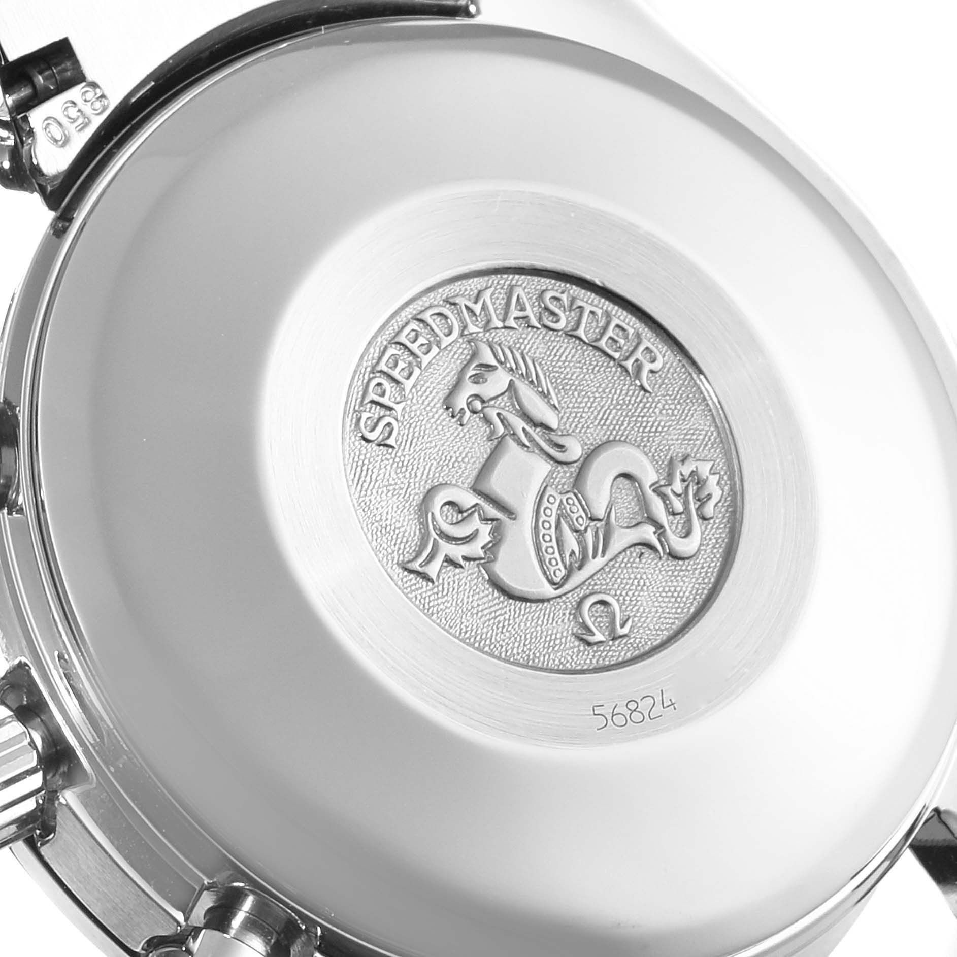 This image shows the back case of the Omega Speedmaster 3513.33.00 Men's Stainless Steel White Dial 3513.33.00 Men's Stainless Steel White Dial watch, featuring its engraved emblem and the word "Speedmaster."