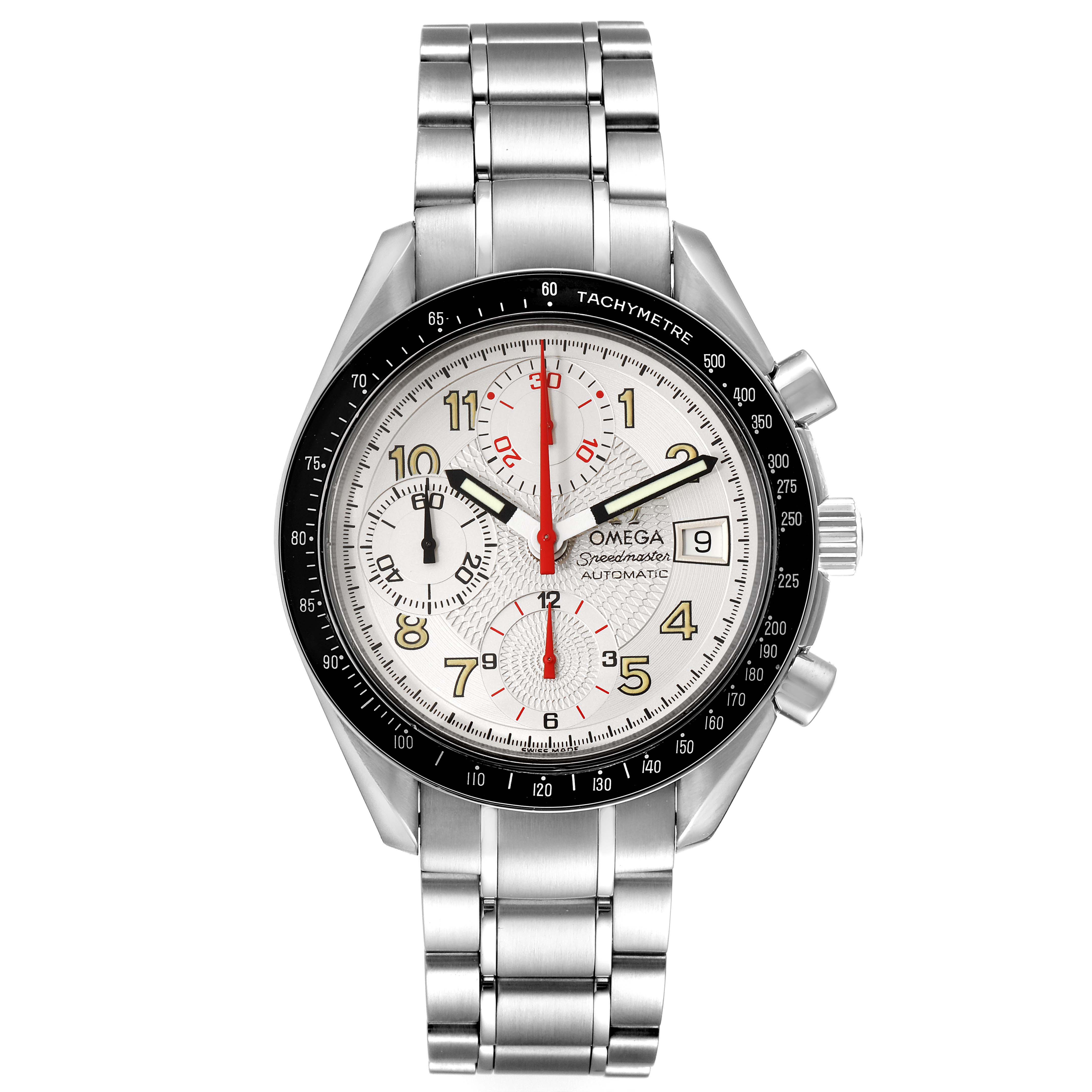 The image shows a front view of the Omega Speedmaster 3513.33.00 Men's Stainless Steel White Dial 3513.33.00 Men's Stainless Steel White Dial, highlighting the dial, bezel, and metal bracelet.