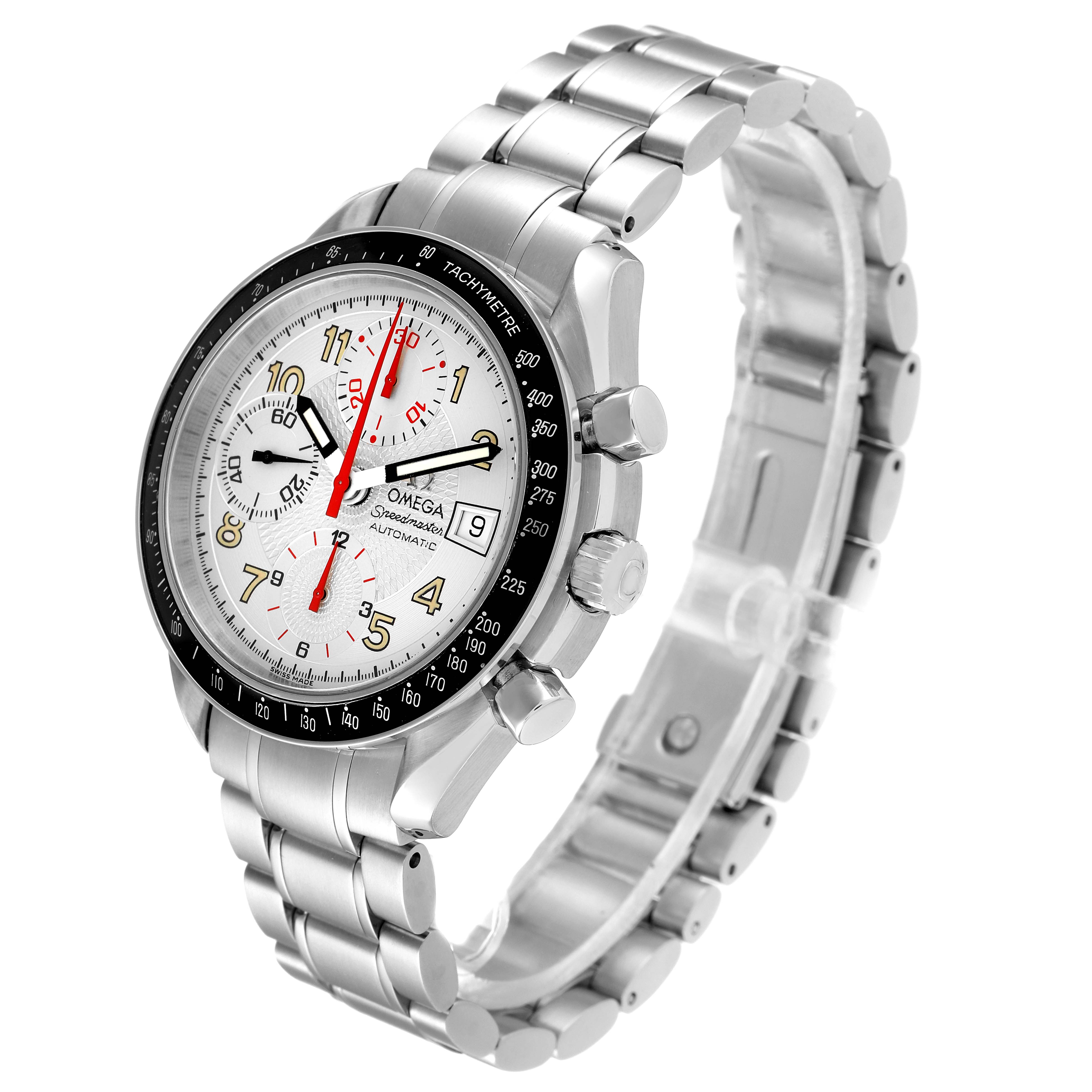 This is an angled view of an Omega Speedmaster 3513.33.00 Men's Stainless Steel White Dial 3513.33.00 Men's Stainless Steel White Dial watch showcasing its dial, tachymeter bezel, crown, push-buttons, and metal bracelet.