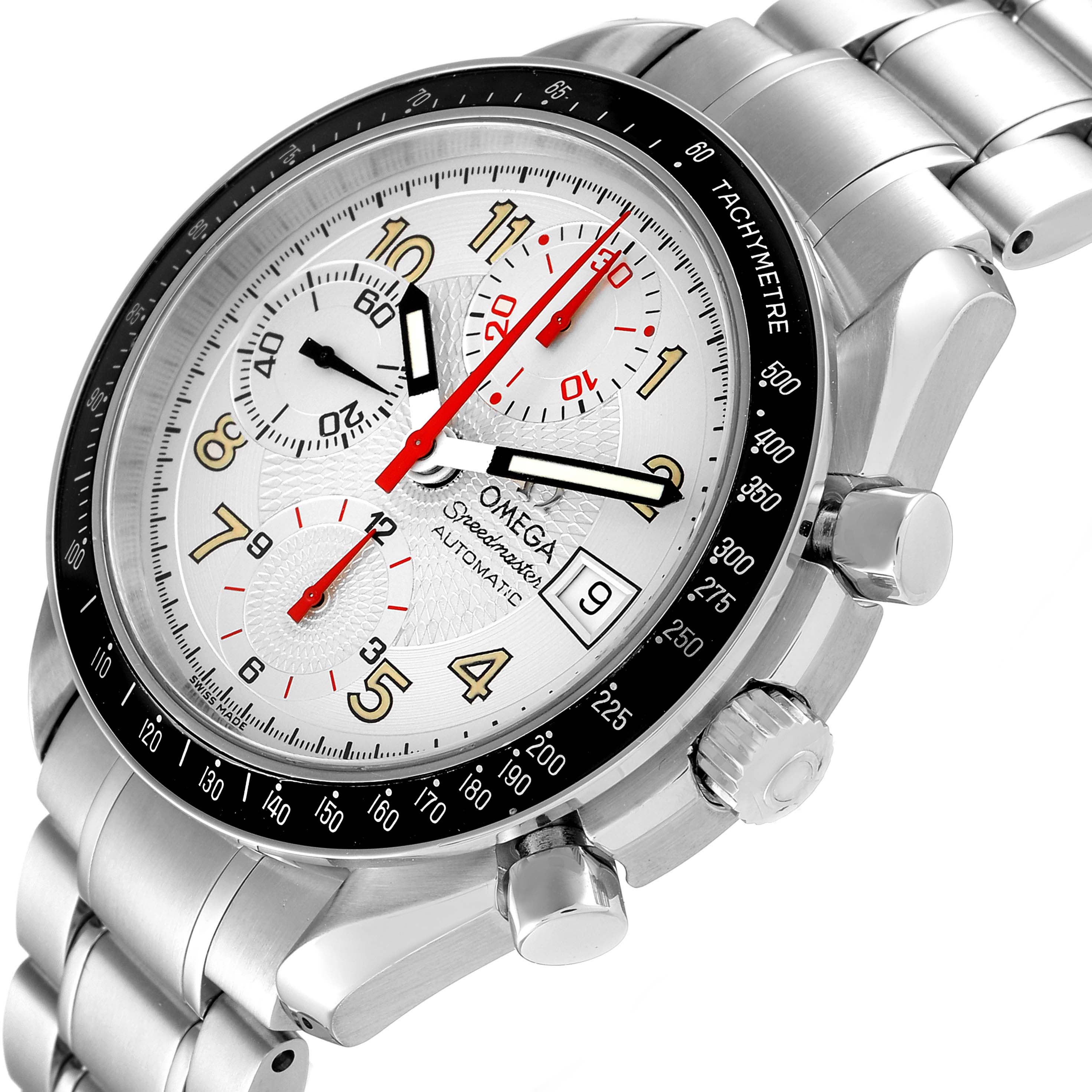 The image shows an Omega Speedmaster 3513.33.00 Men's Stainless Steel White Dial 3513.33.00 Men's Stainless Steel White Dial watch from a slight top diagonal angle, highlighting the face, subdials, and stainless steel strap.