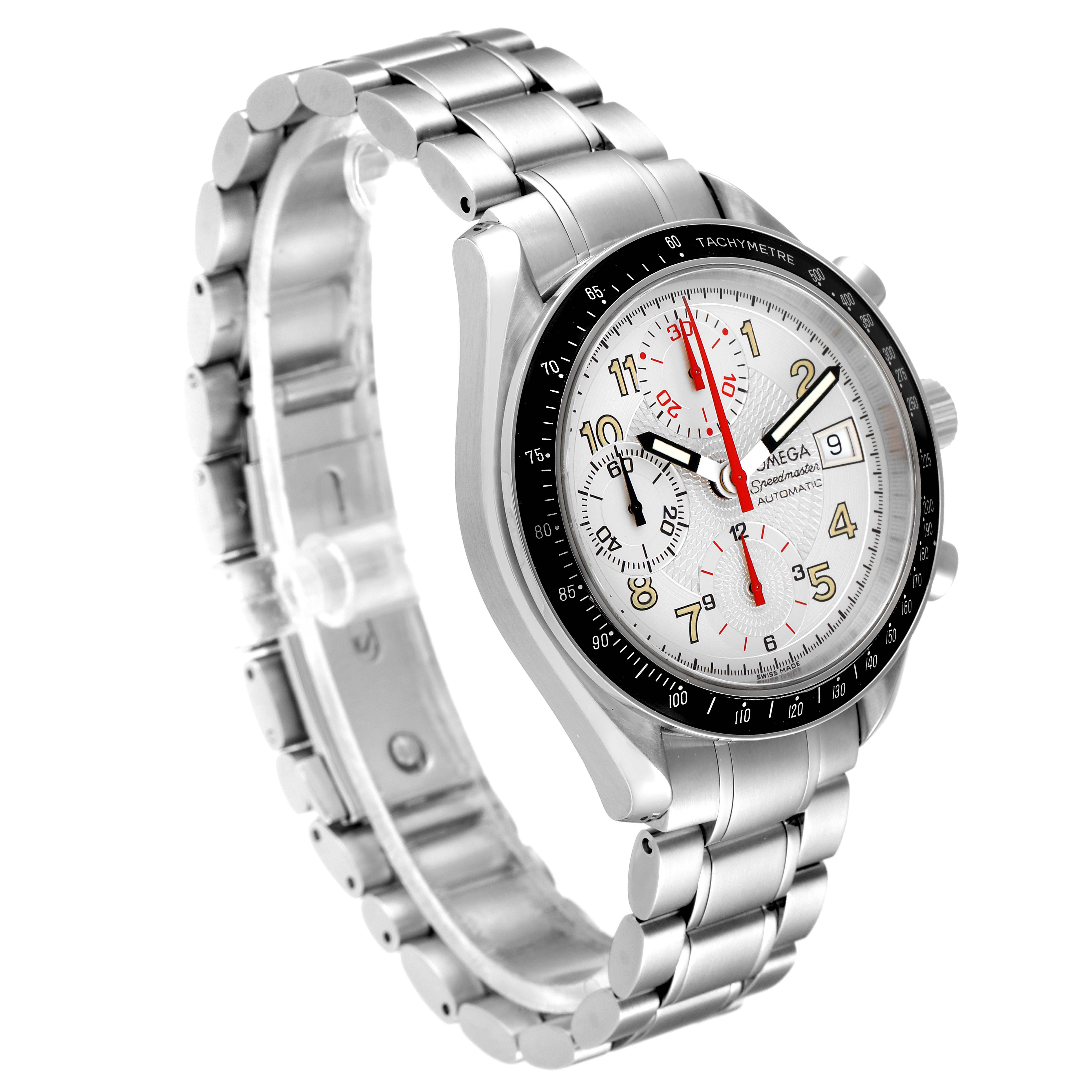 This image shows an Omega Speedmaster 3513.33.00 Men's Stainless Steel White Dial 3513.33.00 Men's Stainless Steel White Dial watch at a three-quarter angle, highlighting the face and stainless steel bracelet.