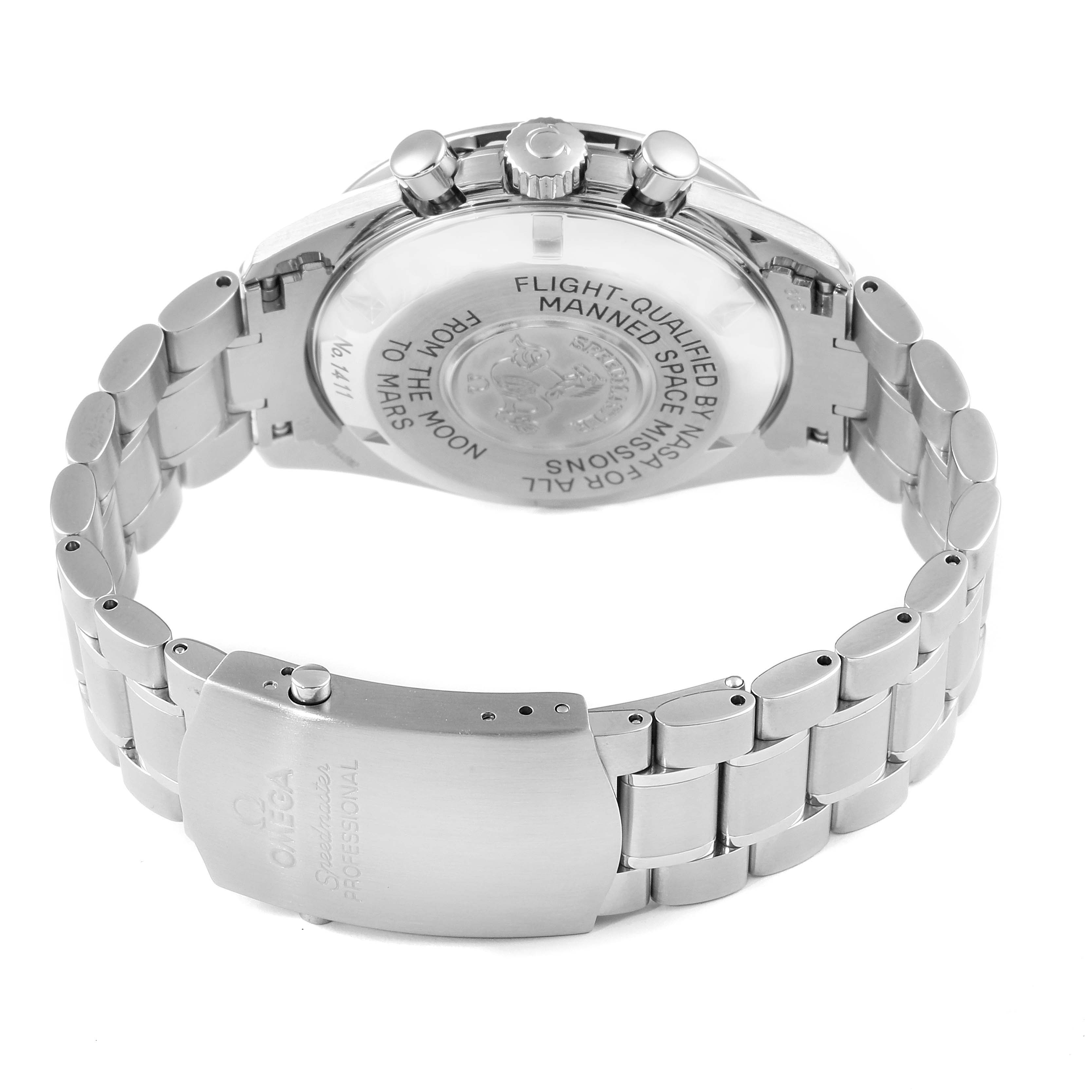 This image shows the back and bracelet of the Omega Speedmaster 3577.50.00 Men's Stainless Steel Black Dial 3577.50.00 Men's Stainless Steel Black Dial watch, highlighting its case back engraving and clasp.